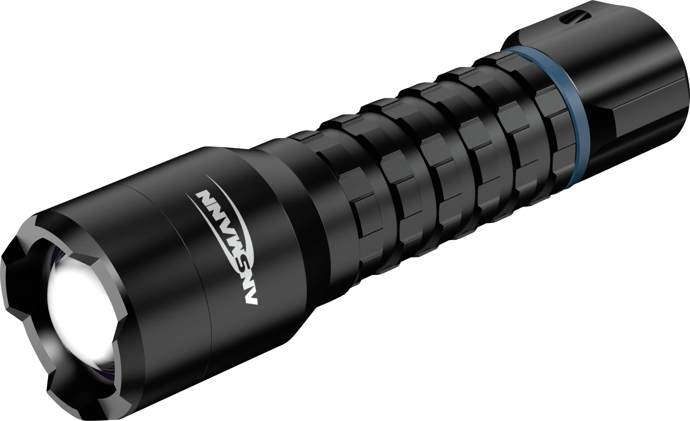 Schwarze und blaue Taschenlampe mit einer strukturierten Griffoberfläche, die von der Vorderseite Licht abstrahlt, vor einem einfarbigen weißen Hintergrund.