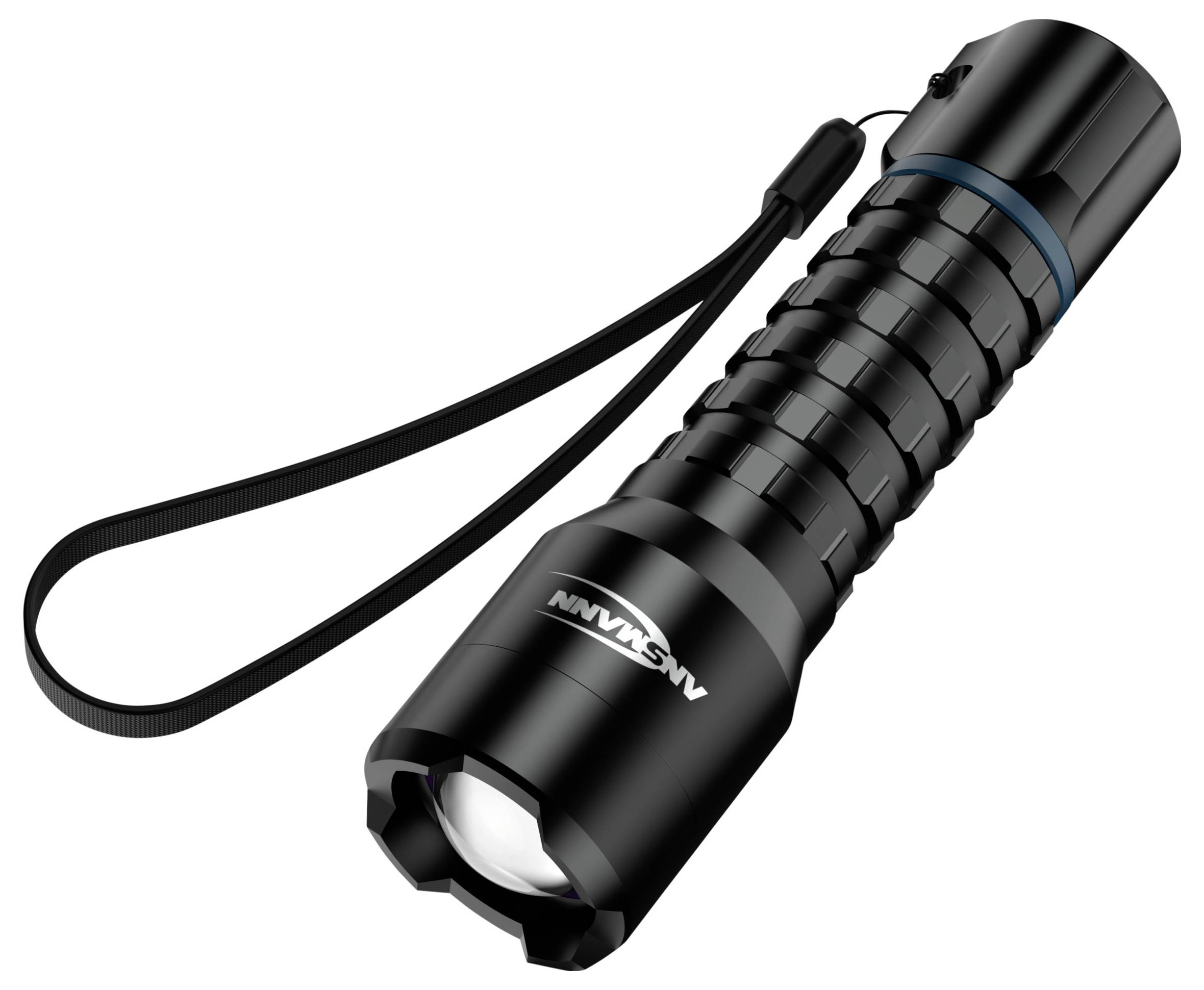 Eine schwarze Handlampe mit strukturierter Griffoberfläche und Handgelenkschlaufe, entwickelt für einfache Transportierbarkeit und sicheren Halt.