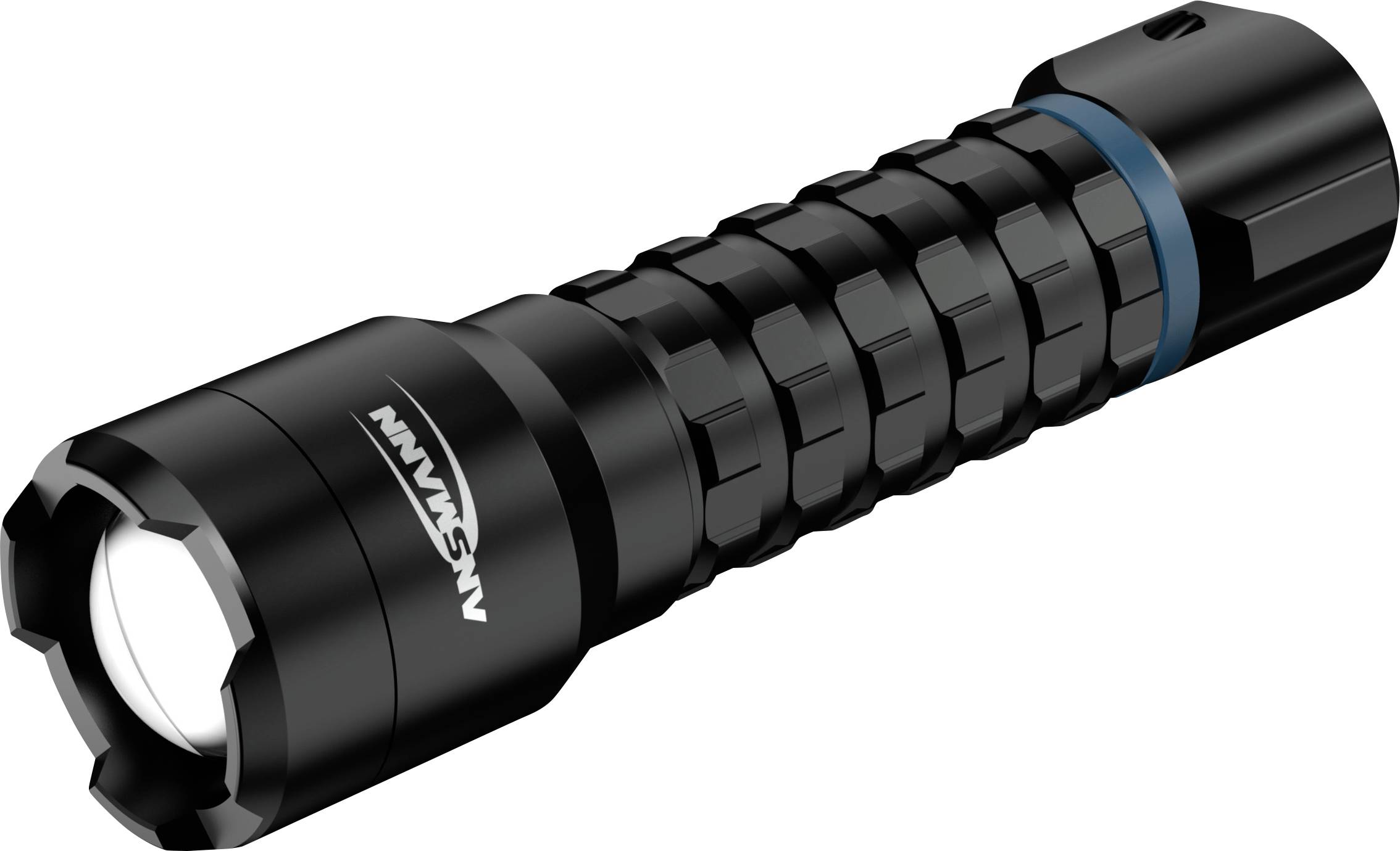 Eine schwarze taktische Taschenlampe mit robustem Design, die einen zylindrischen Körper und einen gerillten Griff aufweist.