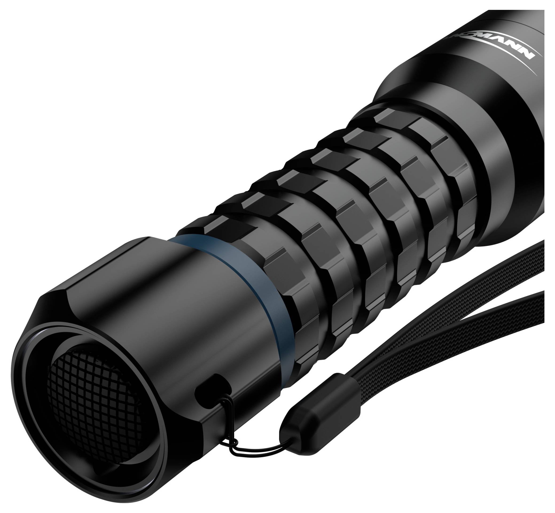 Eine schwarze taktische Taschenlampe mit strukturiertem Griff und Handgelenkschlaufe, entwickelt für Strapazierfähigkeit und einfache Handhabung in Outdoor-Umgebungen.