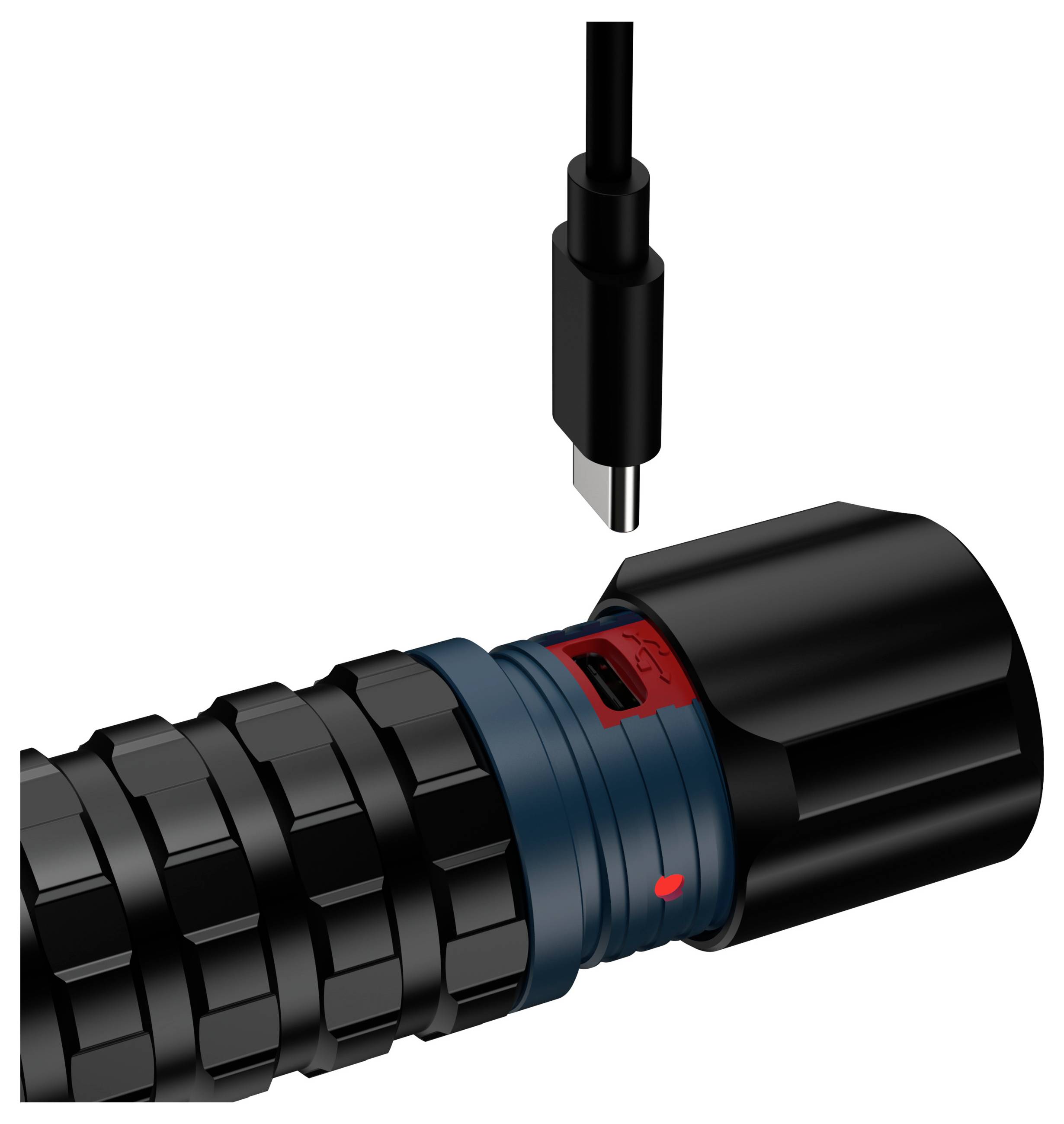 Darstellung einer Taschenlampe mit einem USB-C-Anschluss zum Aufladen, mit einem Kabel darüber, das die Verbindungsbereitschaft zeigt.