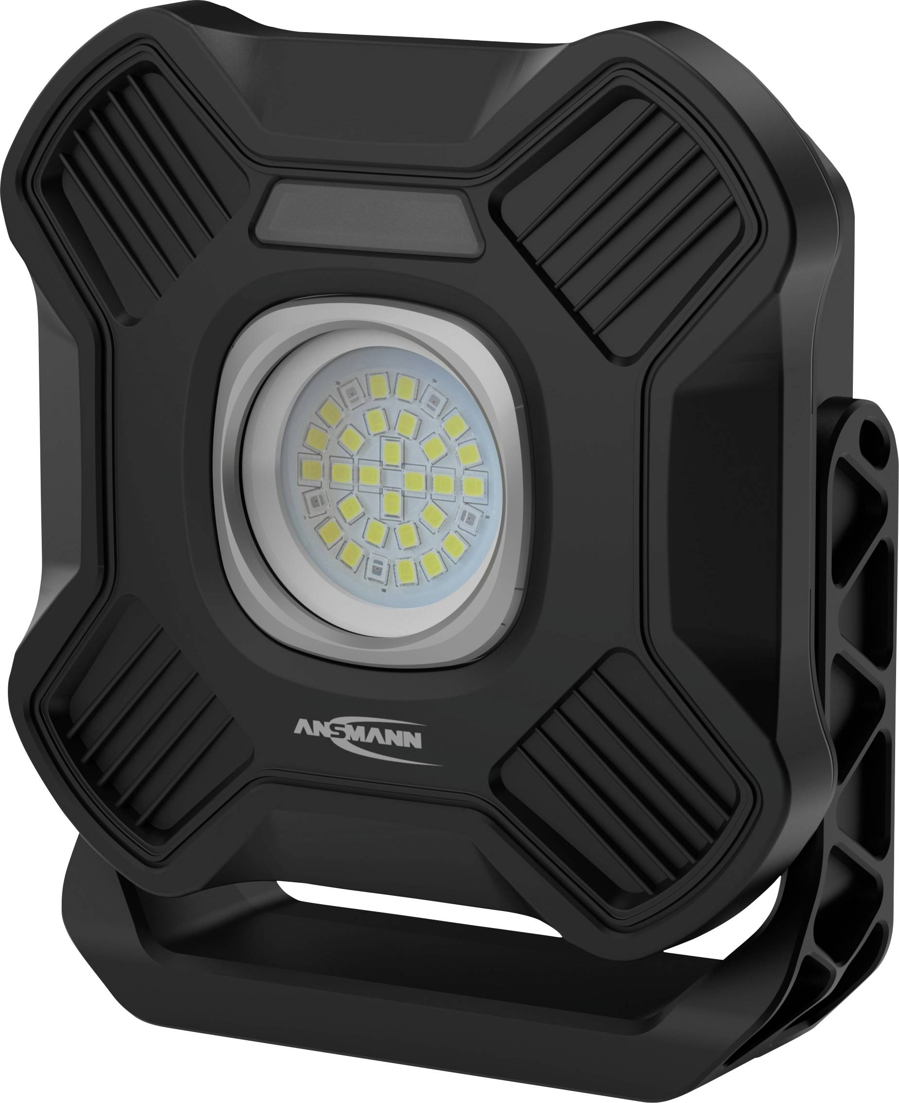 Eine tragbare LED-Arbeitsleuchte mit einem quadratischen schwarzen Gehäuse, ausgestattet mit einer zentralen LED-Anordnung für helle Beleuchtung, die für vielseitige Positionierung entwickelt wurde.