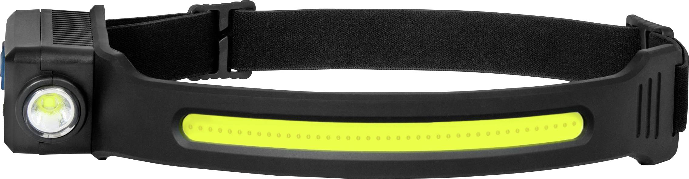Eine schwarze Stirnlampe mit verstellbarem Gurt verfügt über eine zentrale LED-Lampe und einen gelben Streifen für zusätzliche Beleuchtung.