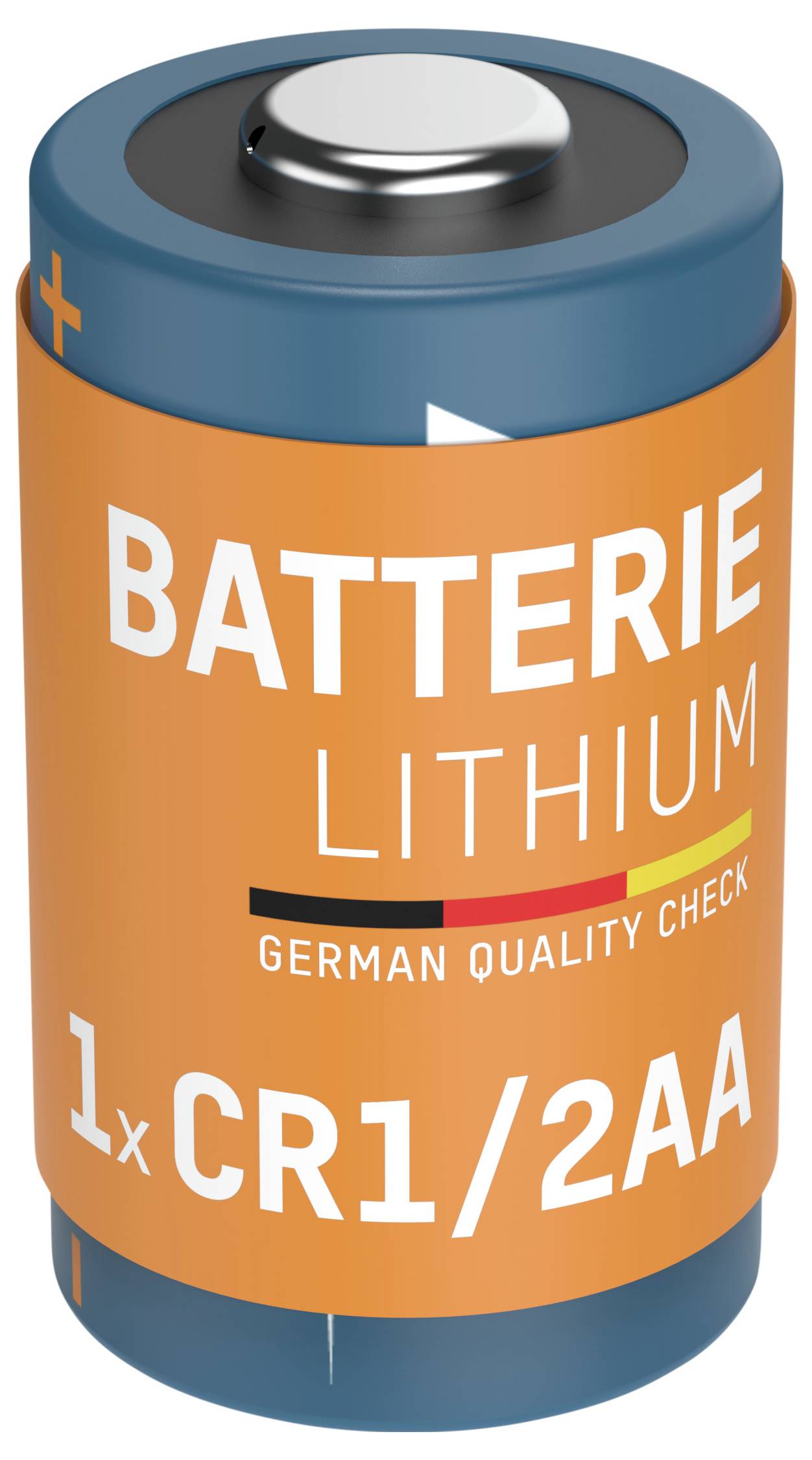 Eine zylindrische Batterie mit einem orangefarbenen Etikett trägt die Aufschrift 'BATTERIE LITHIUM GERMAN QUALITY CHECK 1xCR1/2AA' und zeigt ein Pluszeichen auf der Oberseite.