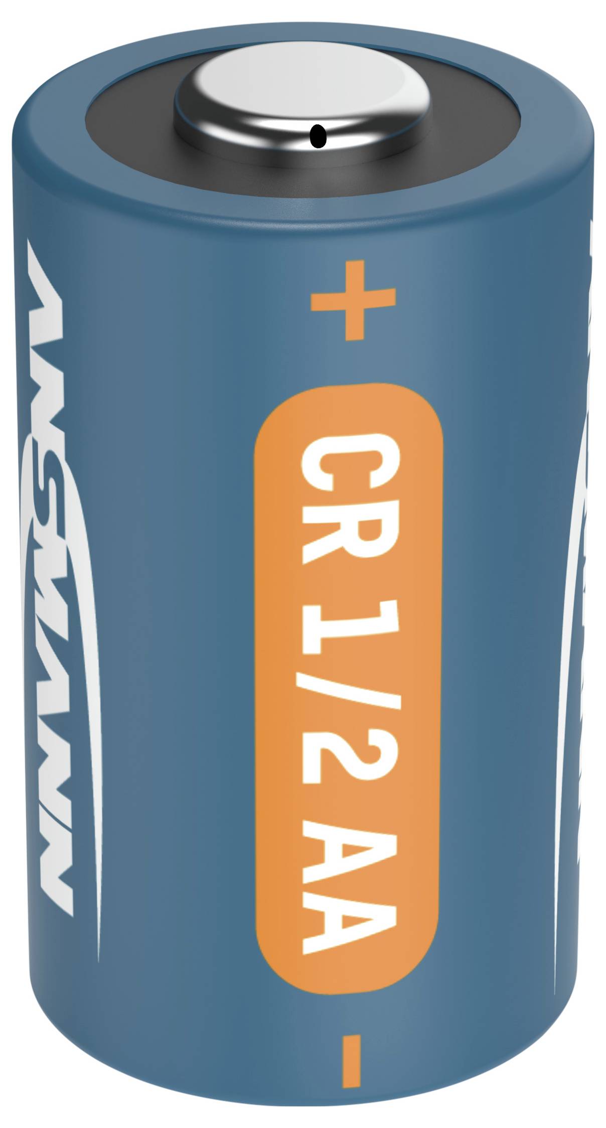 Blaue Ansmann CR 1/2 AA Batterie mit orangefarbenem Etikett und schwarzen Plus- und Minussymbolen.