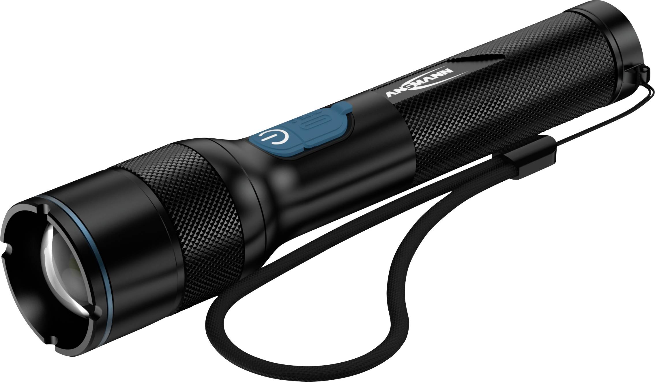 Eine schwarze tragbare Taschenlampe mit strukturiertem Griff, blauer Einschalttaste und Handgelenkband, schräg positioniert, um ihre zylindrische Form zu zeigen.