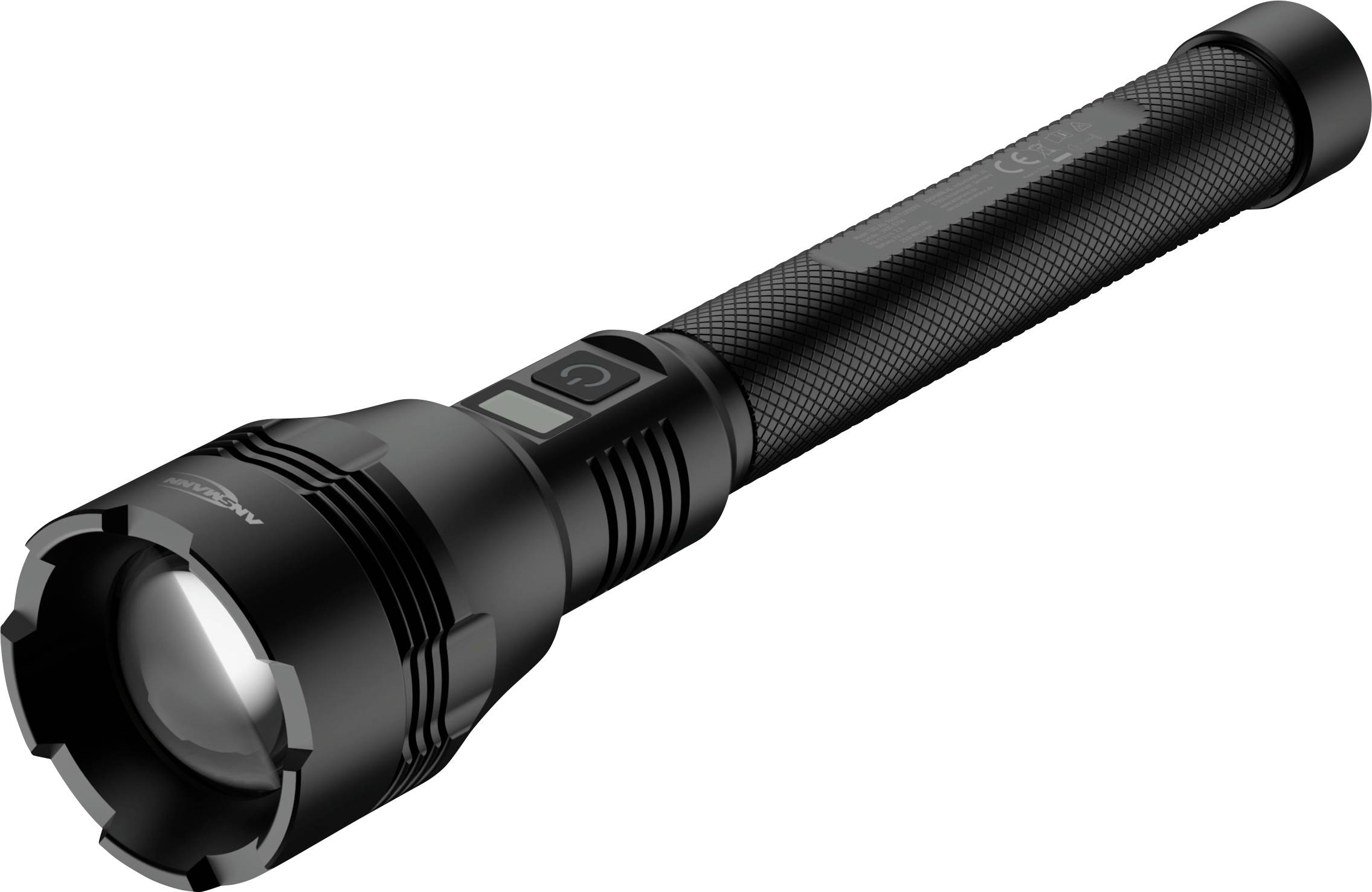 Eine schwarze, handliche Taschenlampe mit strukturiertem Griff und digitalem Display an der Seite, entwickelt für Outdoor- oder Notfalleinsätze.