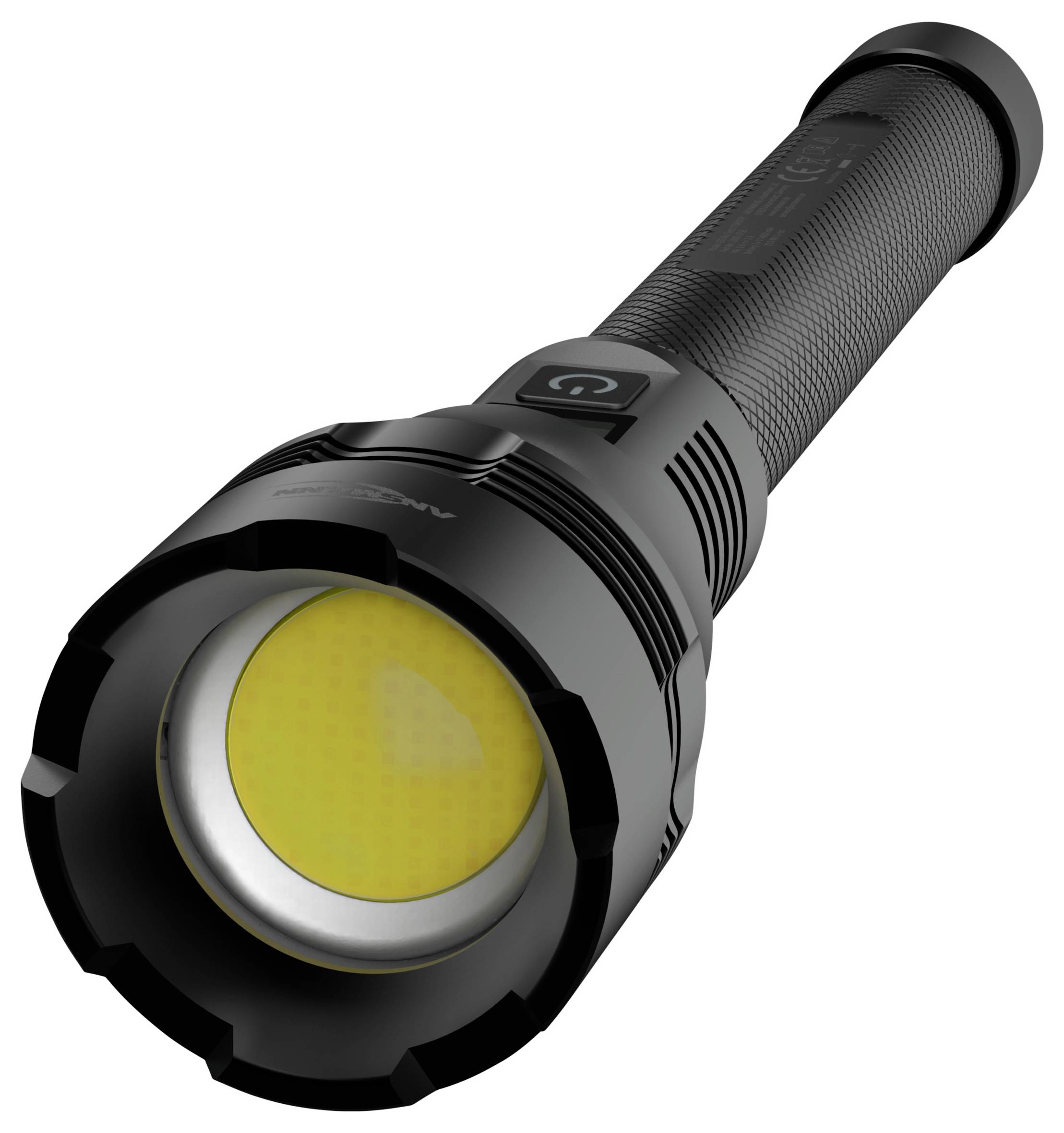 Eine schwarze Taschenlampe mit strukturiertem Griff und großer gelber LED-Leuchte, in einem Winkel positioniert, um Details von Vorder- und Seitenansicht hervorzuheben.