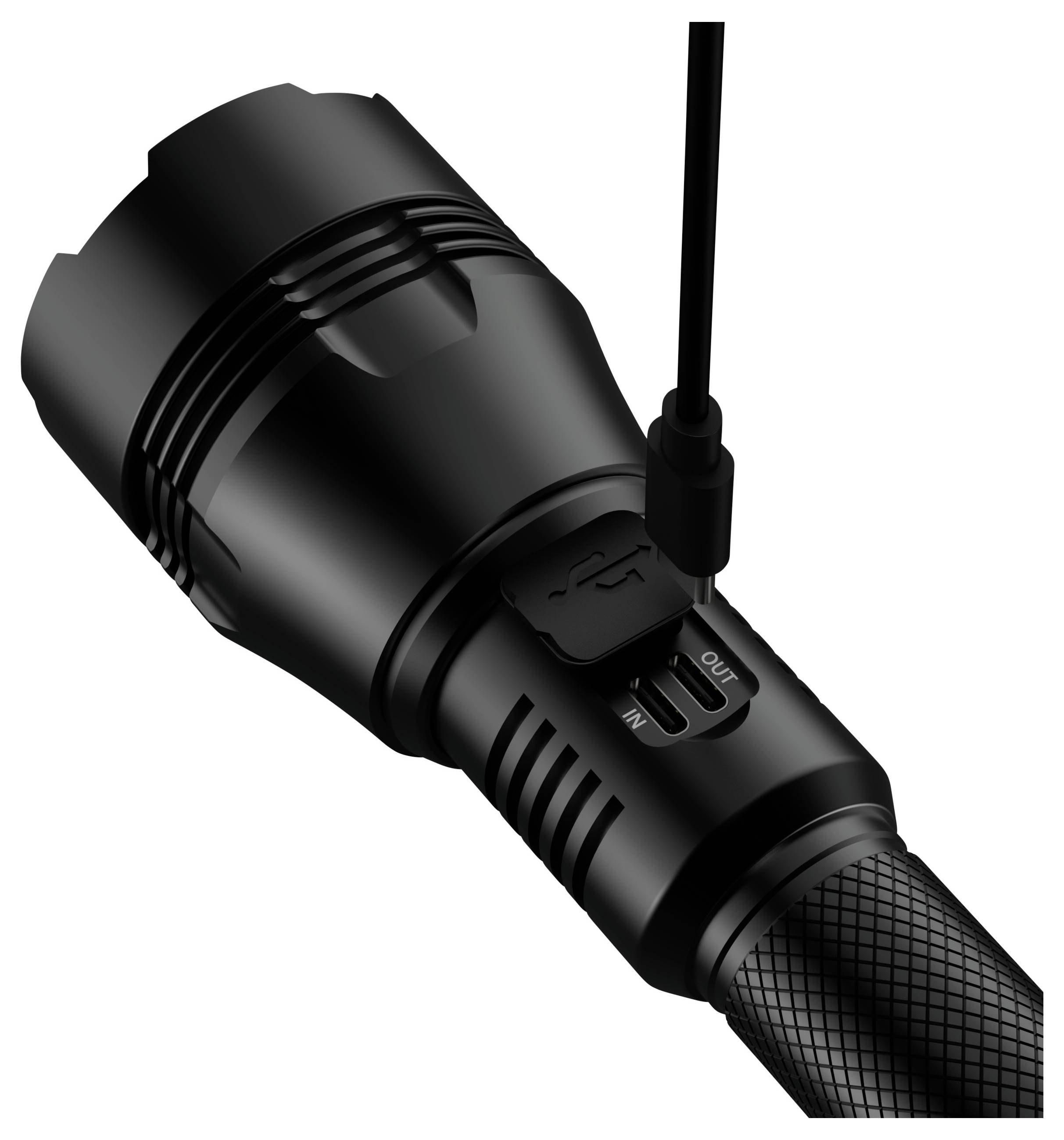 Eine schwarze Taschenlampe mit sichtbarem USB-Ladeanschluss und angeschlossenem Kabel, die die Dual-Ladefunktion hervorhebt.