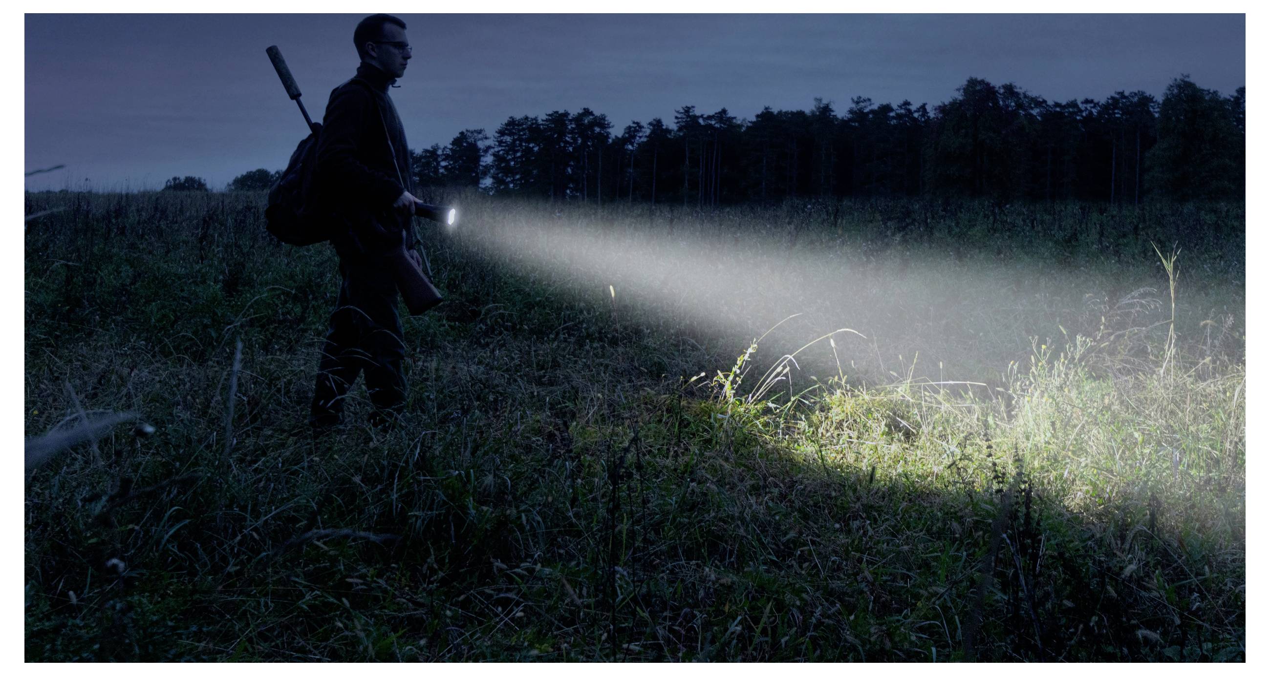 Eine Person, die nachts durch ein Feld geht und eine Taschenlampe hält, die den Boden vor sich beleuchtet. Bäume säumen den Horizont.