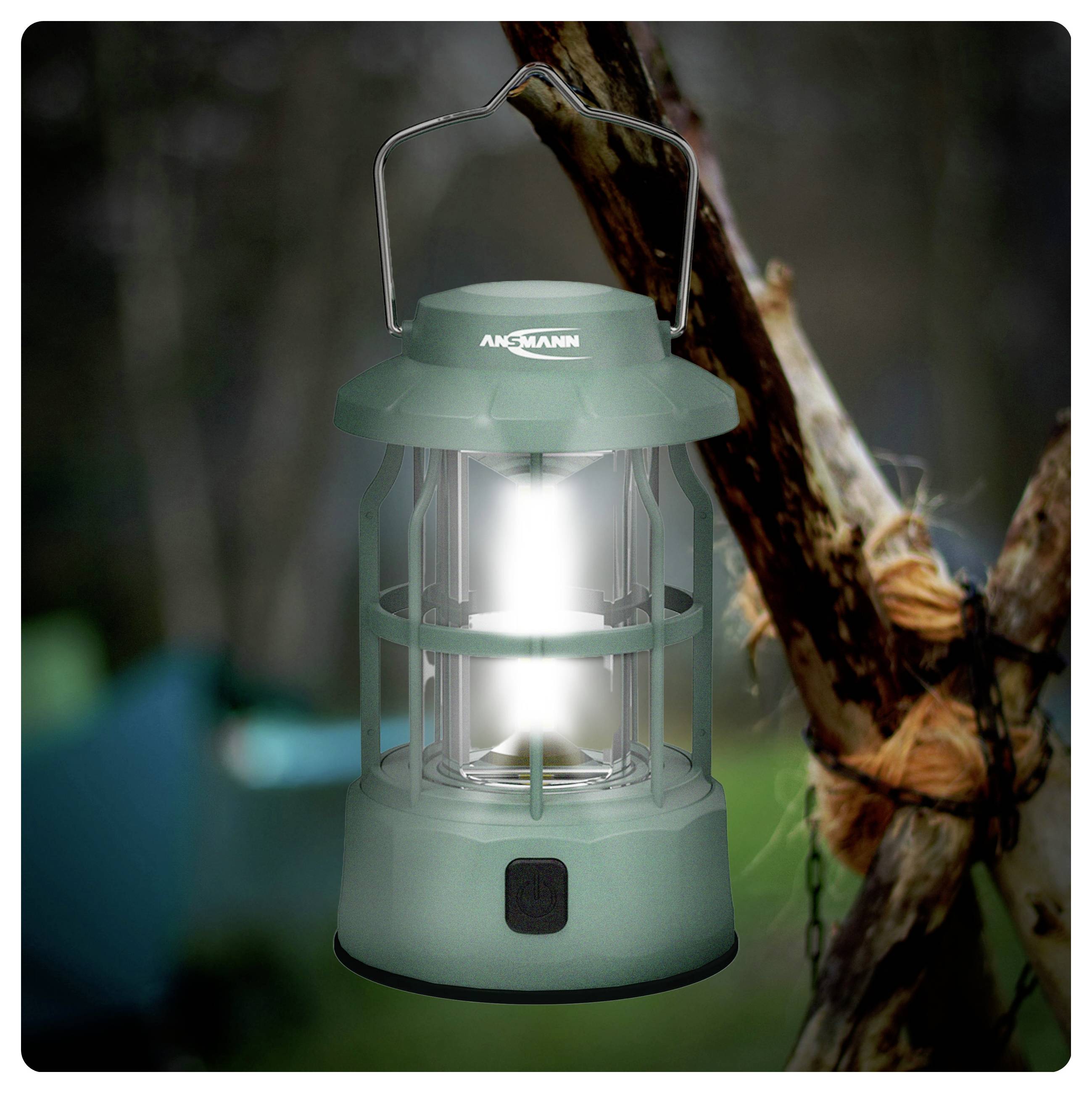 Eine grüne Campinglampe, die hell leuchtend an einem Baumast hängt. Die umgebende Landschaft erscheint bewaldet und deutet auf eine Outdoor-Umgebung hin.