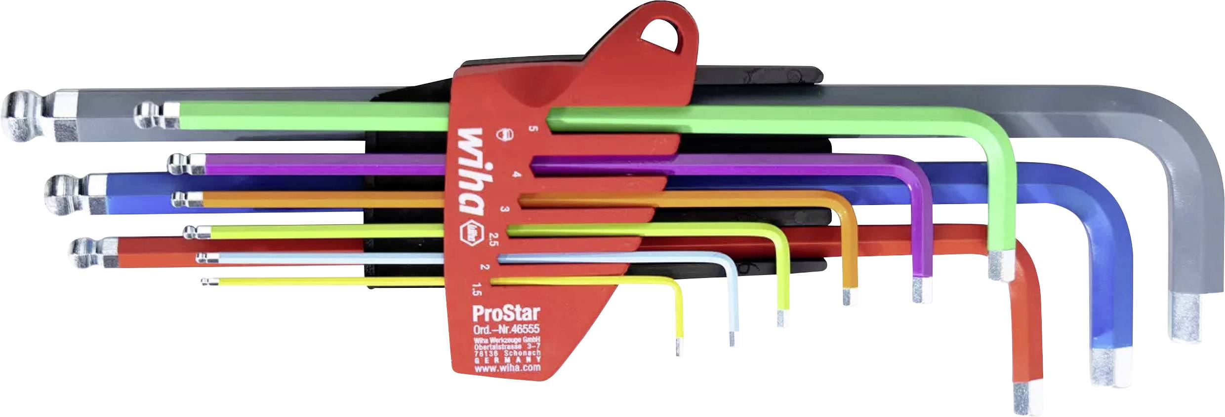 Ein Set von neun bunten L-förmigen Innensechskantschlüsseln in einem roten Halter mit aufgedrucktem Markennamen.