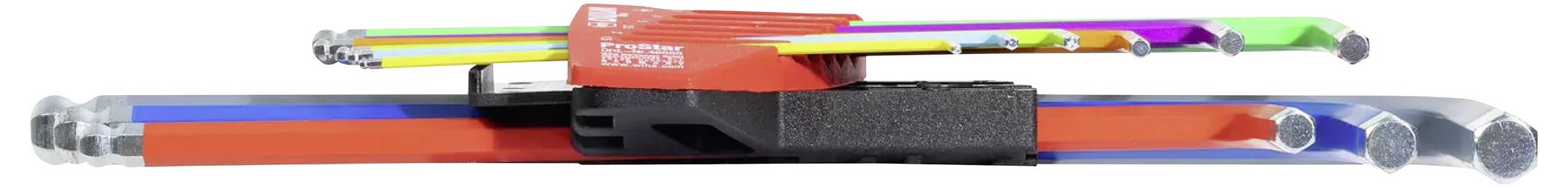 Ein Bündel von mehrfarbigen Sechskantschlüsseln in verschiedenen Größen, die durch einen rot-schwarzen Kunststoffclip zusammengehalten werden und in Fächerform angeordnet sind.