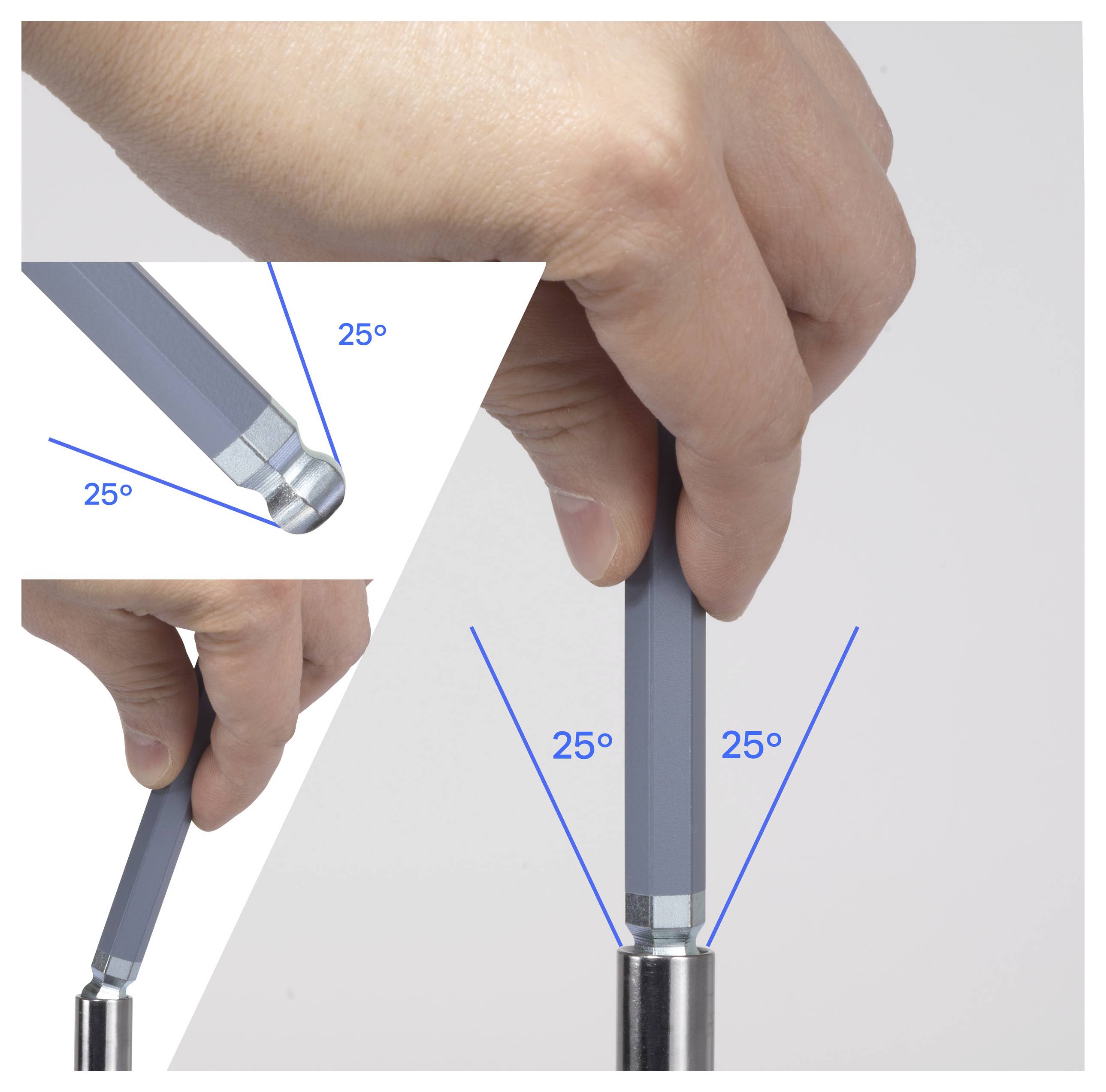 Eine Hand hält einen Inbusschlüssel in einem Winkel von 25 Grad über einer Schraube, wobei eine Nahaufnahme die Ausrichtung zeigt. Blaue Linien geben den Winkel an.
