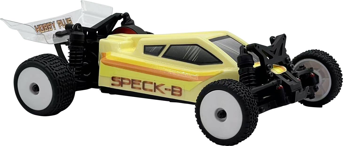 Ein gelb-orangefarbenes ferngesteuertes Auto mit der Aufschrift 'SPECK-B' an der Seite, ausgestattet mit großen Reifen und einer stromlinienförmigen Gestaltung.