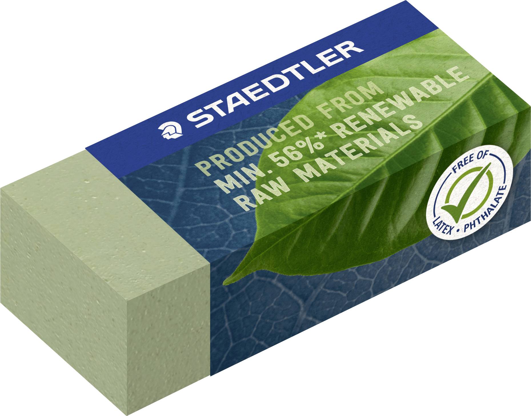 Radiergummi-Verpackung, blau mit grünem Blattbild, Text: Hergestellt aus mind. 56% nachwachsenden Rohstoffen, Frei von Latex und Phthalat.