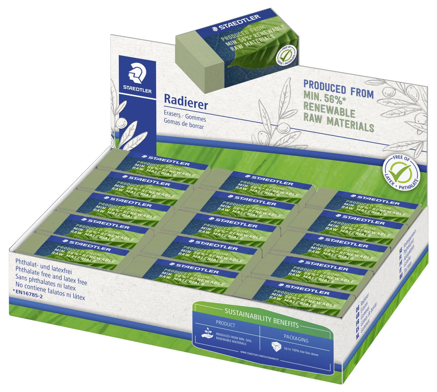 Display box of Staedtler erasers, highlighting 'Produced from min. 56% renewable raw materials', and 'Sustainability Benefits'.