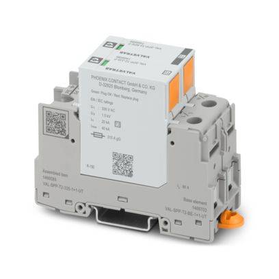 Eine graue industrielle elektronische Komponente mit QR-Codes und Textbeschriftungen, mit elektrischen Anschlusspunkten und einem orangefarbenen Verschluss an einer Seite.