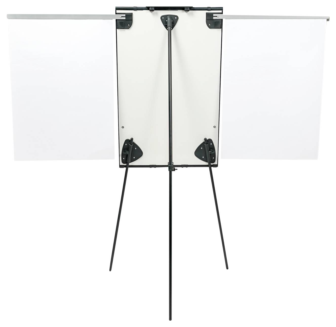 Ein weißes, dreiflügeliges Präsentationsbrett auf einem schwarzen Dreibeinstativ. Das mittlere Panel ist aufrecht; die Seitenpanels sind nach außen ausgerichtet.
