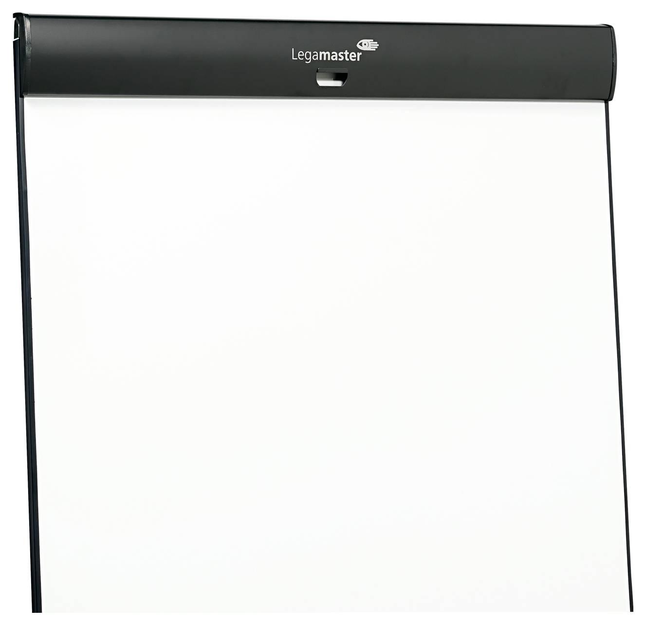Ein leeres Flipchart von Legamaster mit schwarzem Rahmen oben, konzipiert für Präsentationen oder Besprechungen.