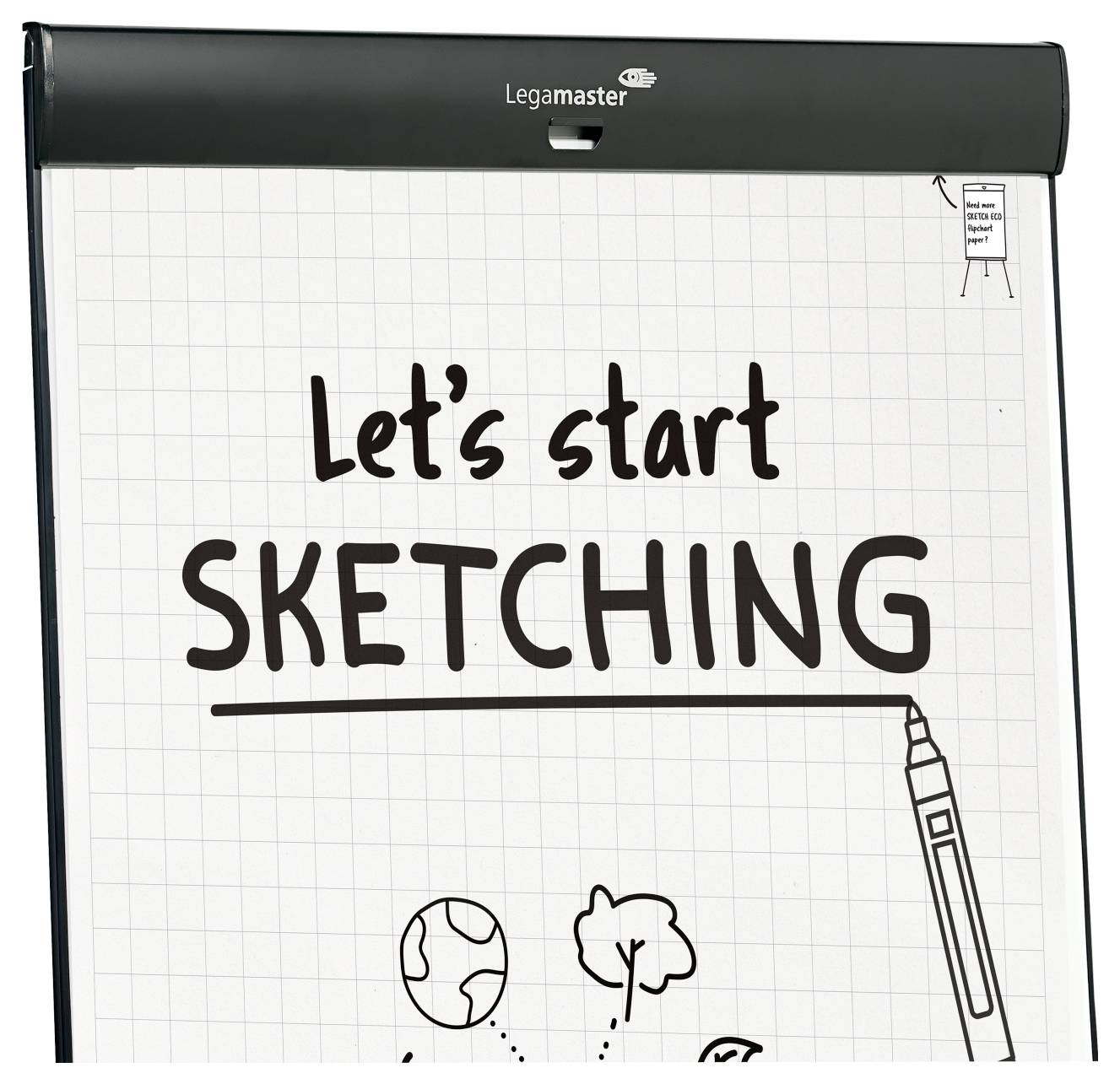 Das Bild zeigt ein Flipchart mit dem Text ‚Lass uns anfangen zu skizzieren' und einfachen Zeichnungen, was Kreativität und Brainstorming andeutet.