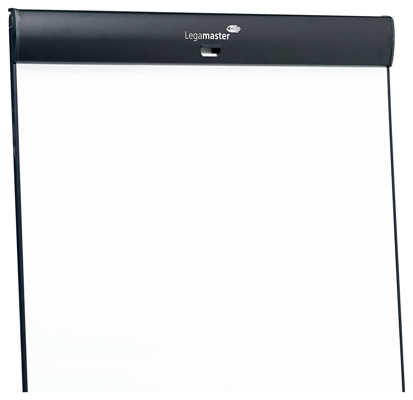 Flipchart mit weißem Papier, mit einer schwarzen Kopfzeile mit der Aufschrift 'Legamaster'. Geeignet für Präsentationen oder Meetings.