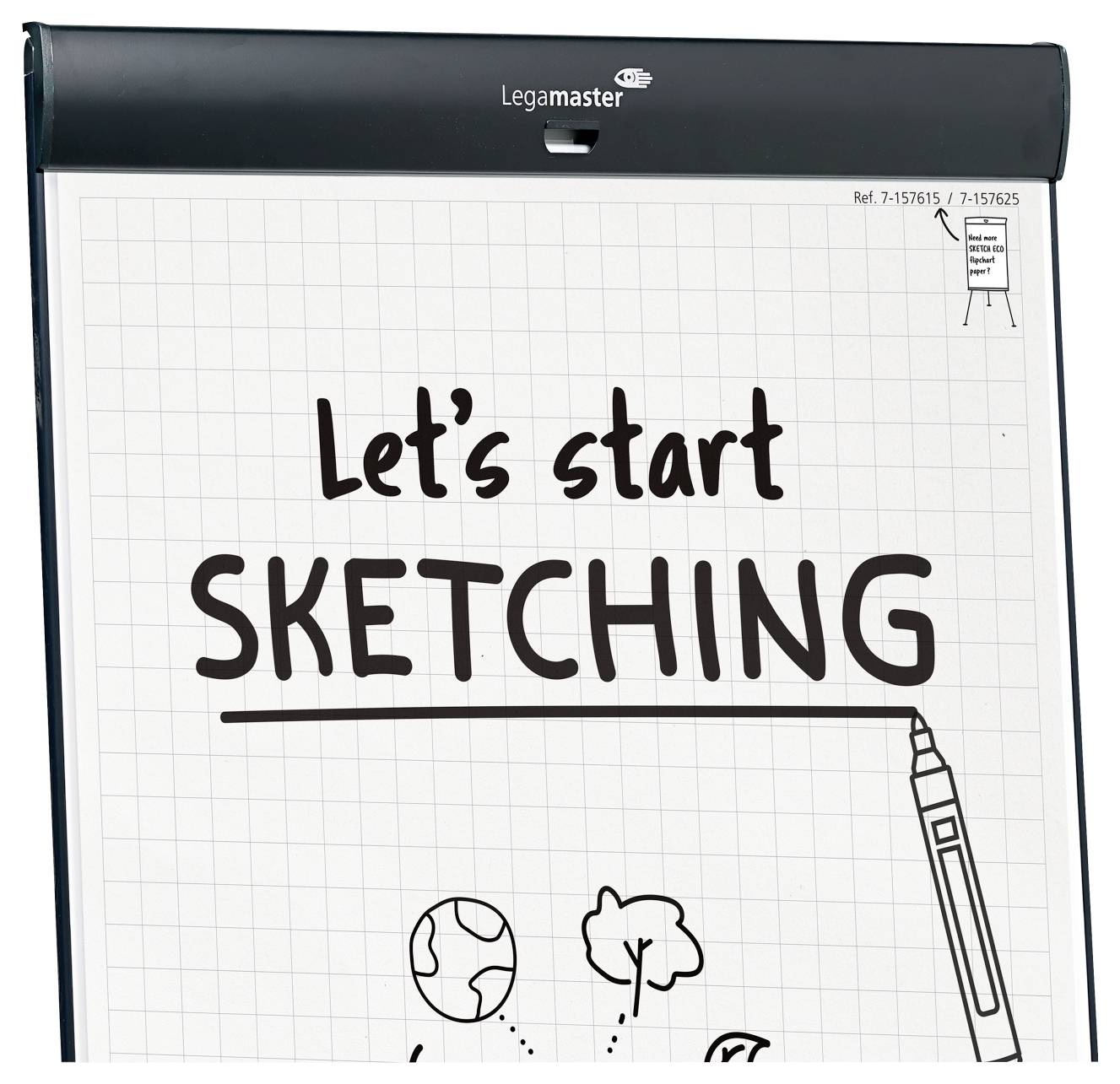 Flipchart mit dem Titel 'Lass uns SKIZZIEREN' in fetten Buchstaben, darunter einfache Skizzen eines Stifts, eines Globus und einer Wolke.