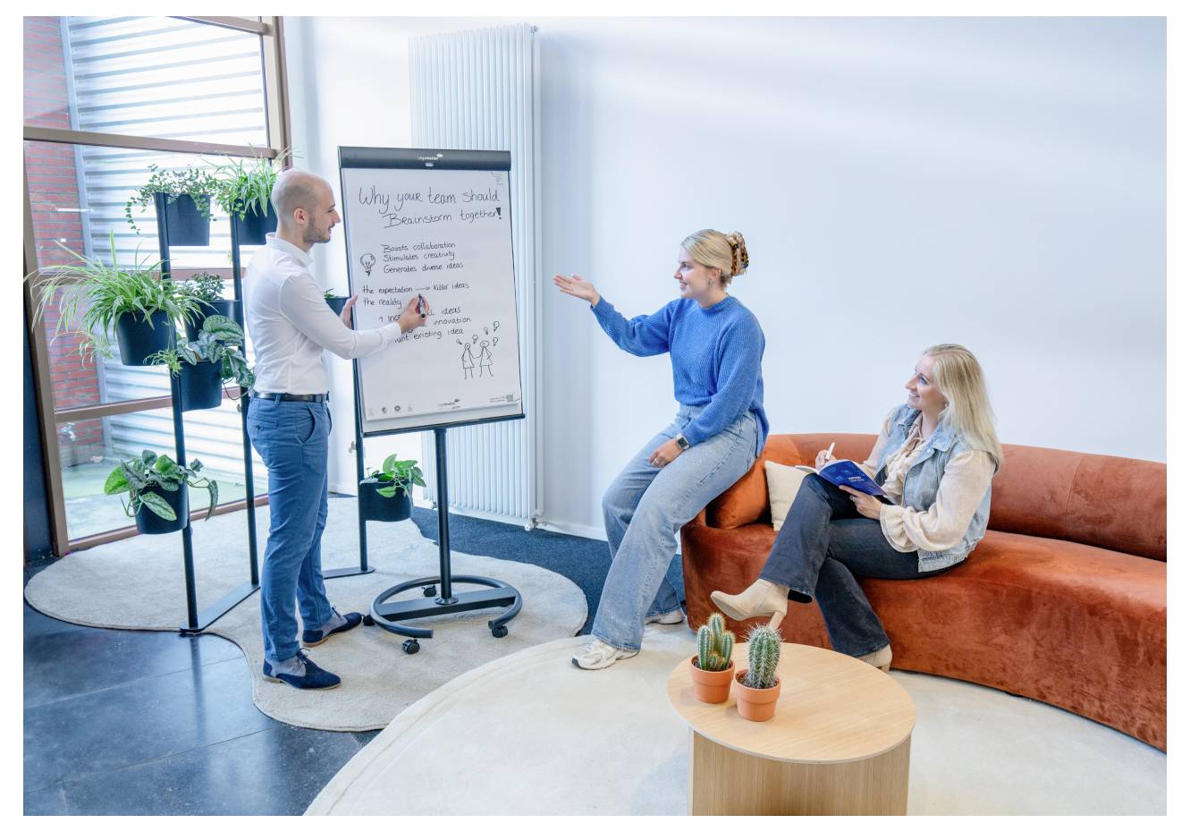 Ein Mann präsentiert Teambuilding-Strategien auf einem Flipchart für zwei sitzende Frauen in einem modernen, pflanzengefüllten Büroraum.