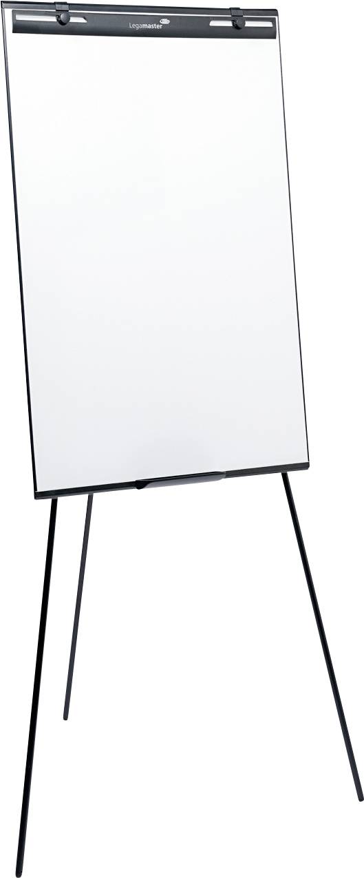 Ein leeres weißes Flipchart auf einem schwarzen Metallständer, bereit für Präsentationen oder Brainstorming-Sitzungen.