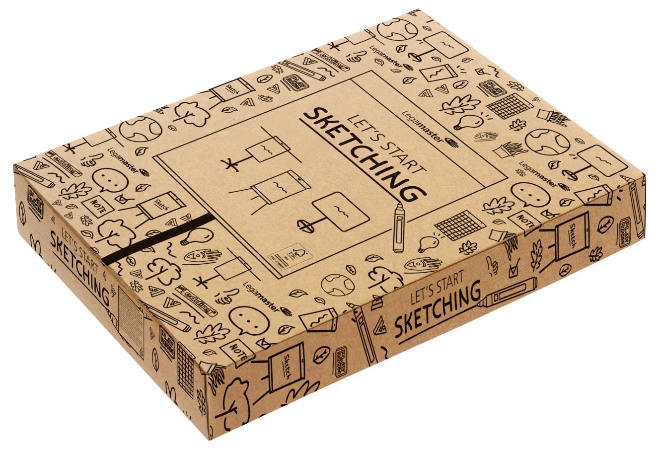 Skizzen-Set-Box mit Kritzeleien und dem Text 'Lass uns anfangen zu skizzieren'.