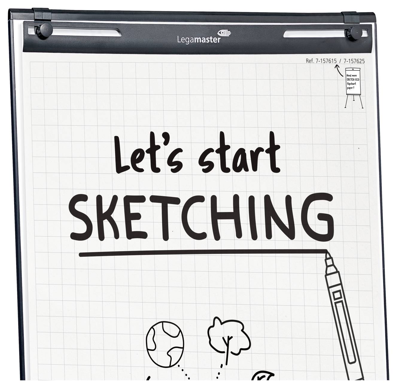 Eine Flipchart mit dem Text 'Lass uns SKIZZIEREN' und einfachen Zeichnungen eines Stiftes, der Erde und miteinander verbundenen Figuren am unteren Rand.