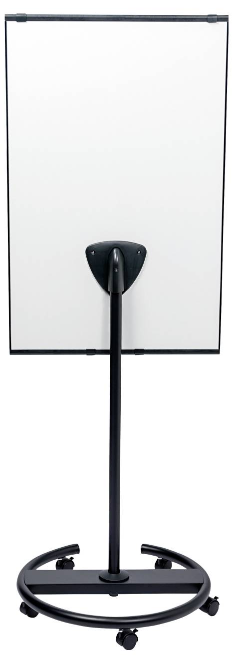 Eine mobile Whiteboard-Tafel auf einem Ständer mit Rollen, geeignet für Präsentationen oder Meetings. Die Tafel ist leer, was eine vielseitige Nutzung ermöglicht.