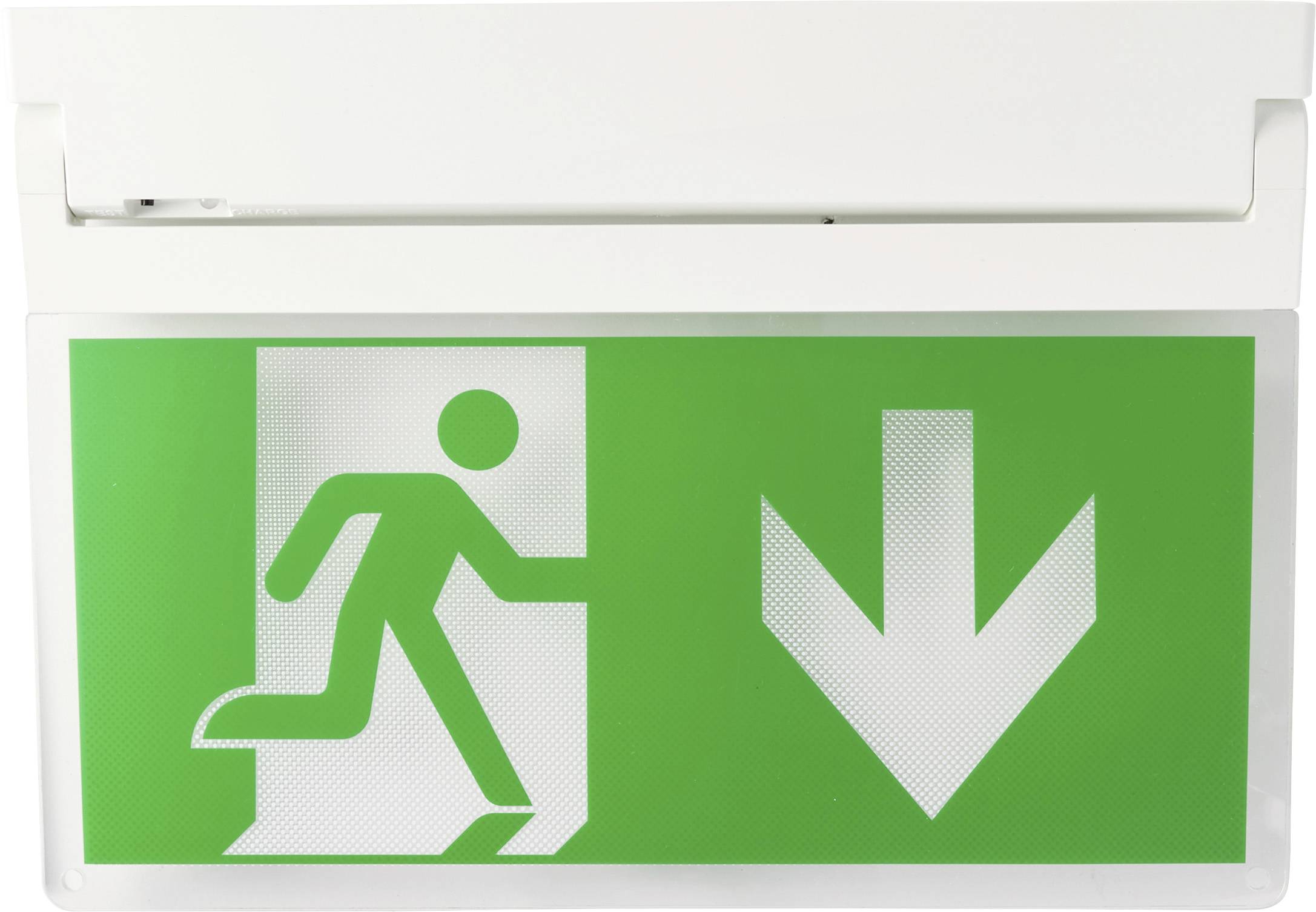 Notausgangsschild mit einer Person, die durch eine Tür läuft und einem nach unten zeigenden Pfeil, der die Evakuierungsrichtung anzeigt.