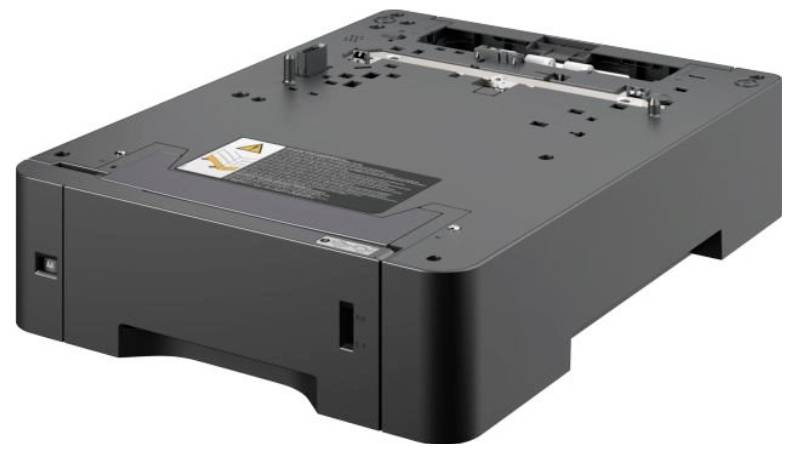 Ein schwarzer Papierablageeinschub, kompatibel mit verschiedenen Druckermodellen, entwickelt zur Erweiterung der Papierkapazität, aus einem Draufsicht-Winkel präsentiert.