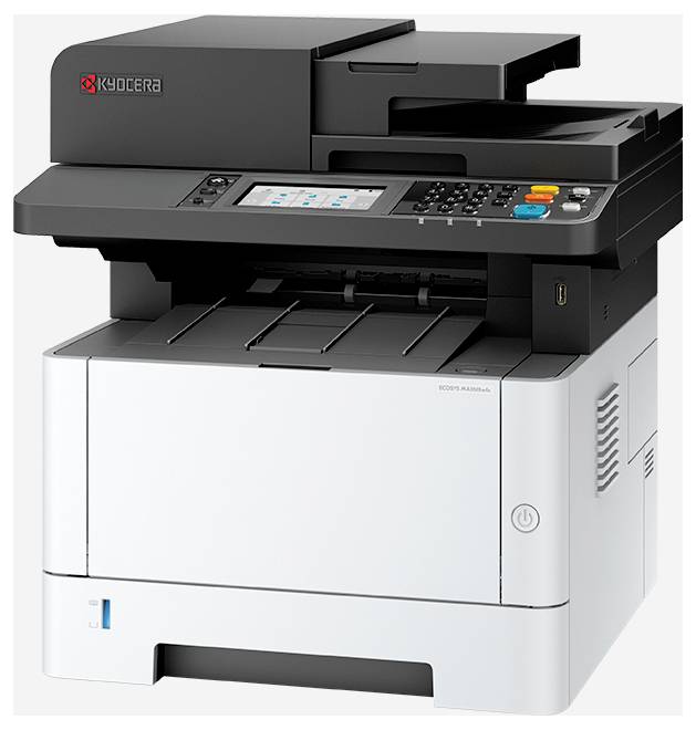 Ein multifunktionaler Drucker mit einem Bildschirm, Bedienfeld und sichtbarem Papierfach. Er verfügt über Tasten für verschiedene Funktionen.