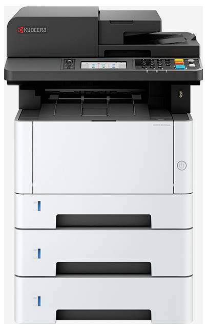 Ein schwarz-weißer Multifunktionsdrucker mit digitalem Display und mehreren Fächern, ausgestattet mit Tasten zum Kopieren, Scannen und Drucken.