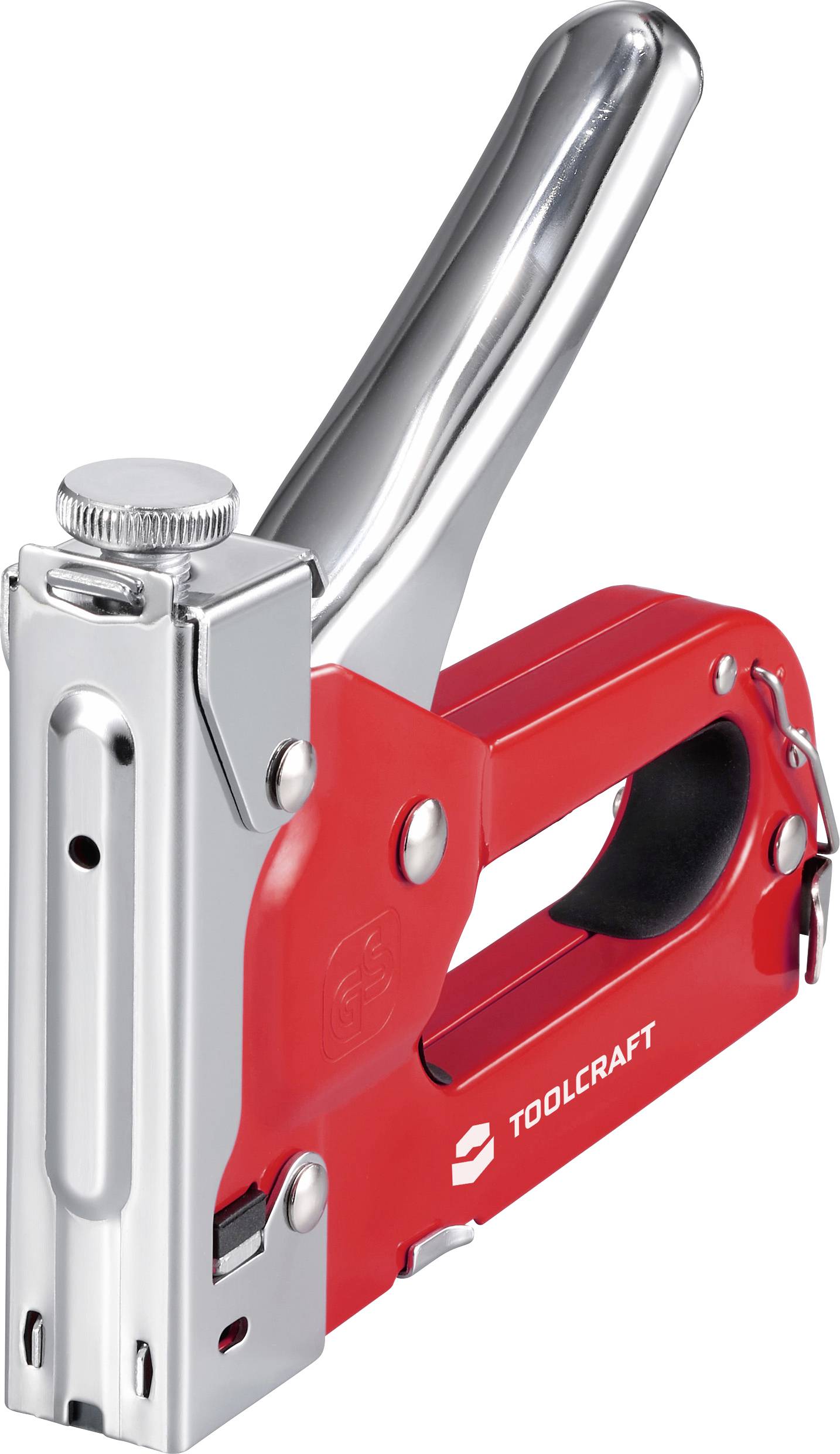Eine rot-silberne manuelle Heftmaschine der Marke „Toolcraft