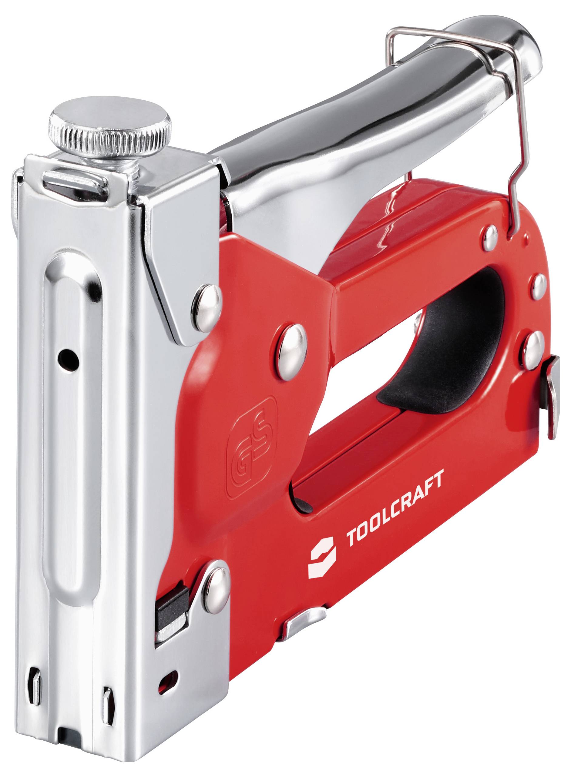 Eine rot und silberfarbene Heftpistole mit der Bezeichnung „Toolcraft