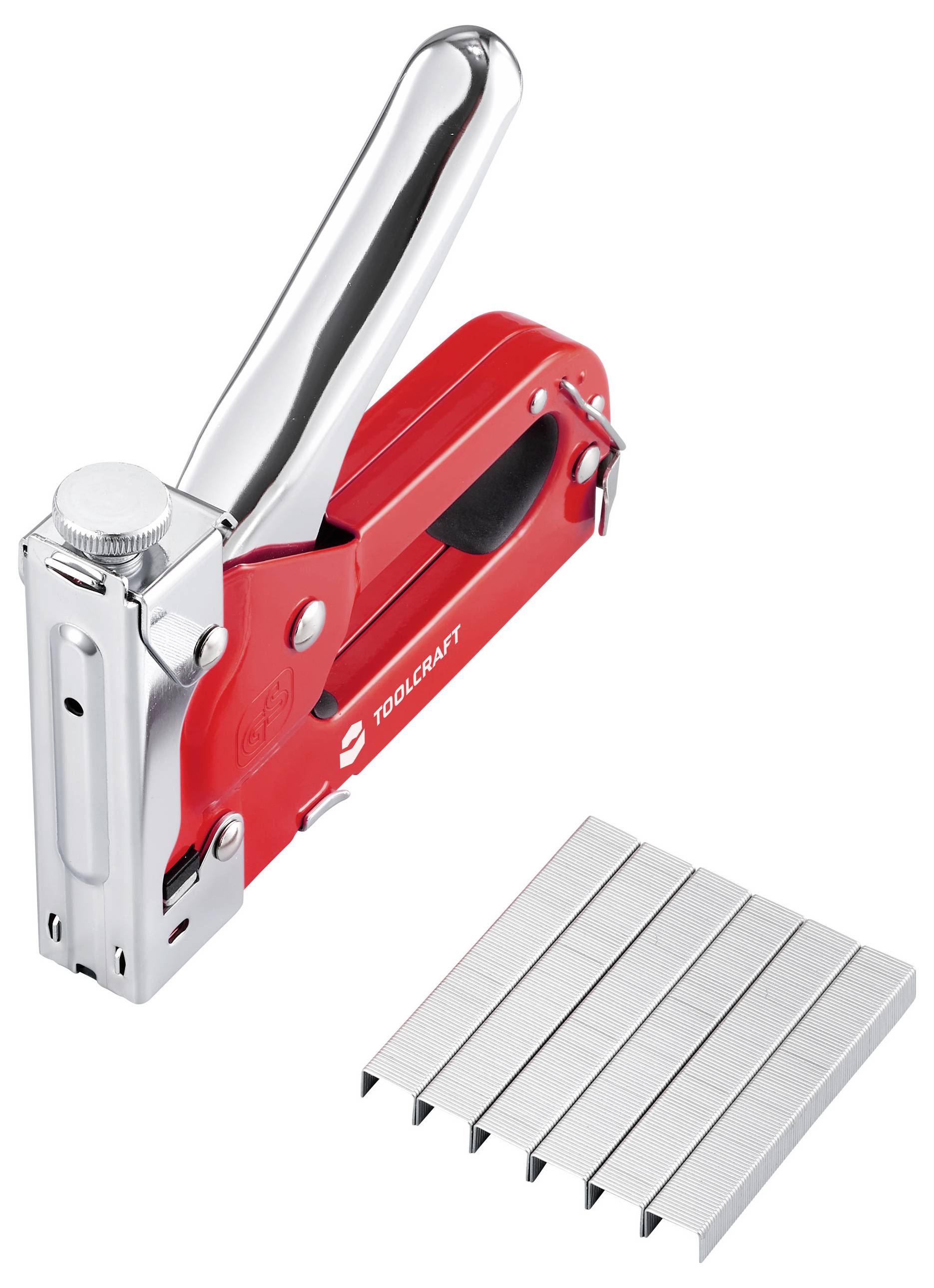 Ein roter und silberner Locher mit chromem Griff ist schräg über sechs Reihen silberner Klammern angewinkelt und dient zum Befestigen von Materialien.