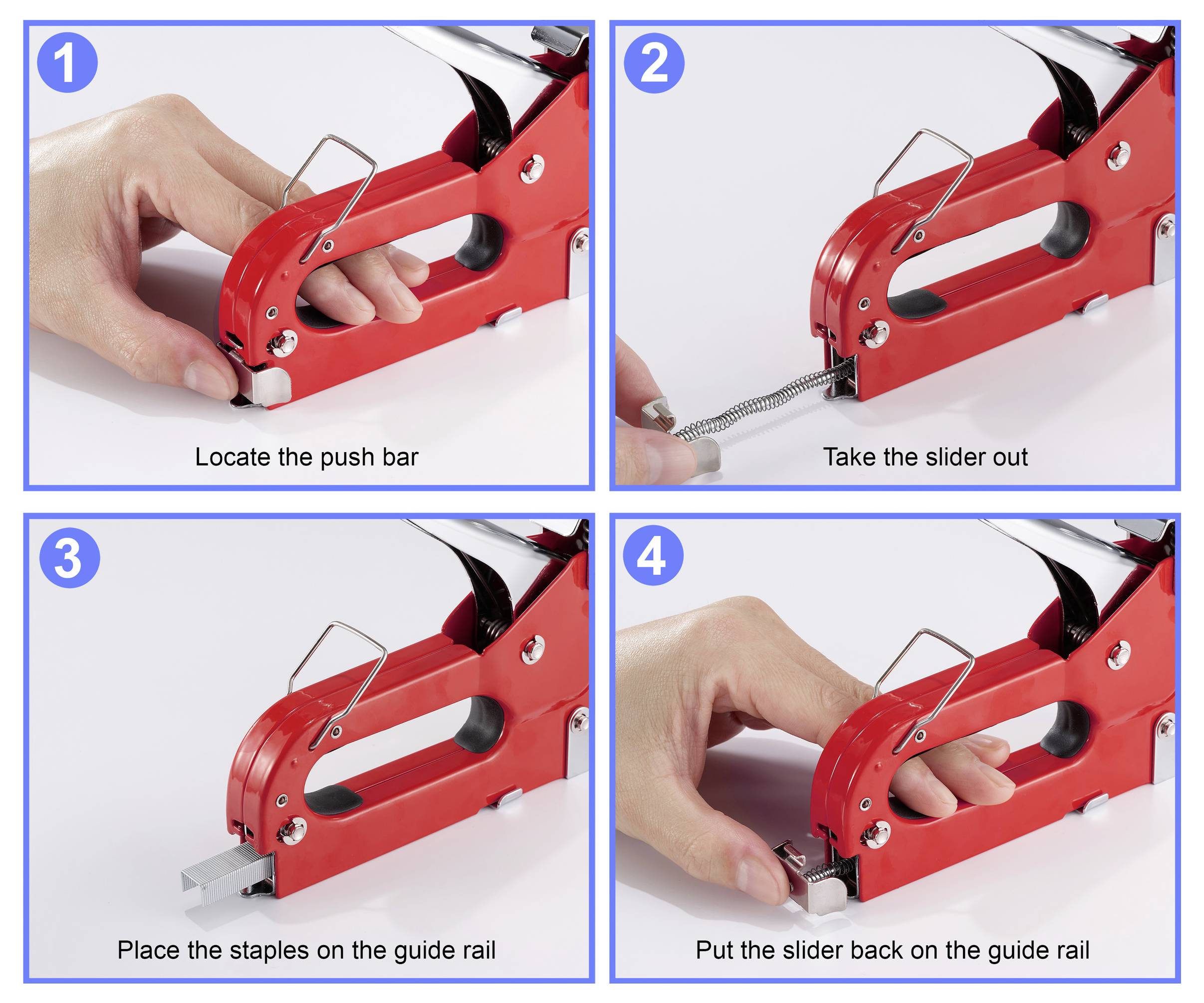 „Vierschrittanleitung zum Laden einer Heftzange: 1. Druckstab lokalisieren; 2. Schieber herausnehmen; 3. Heftklammern auf der Führungsschiene platzieren; 4. Schieber wieder einsetzen.