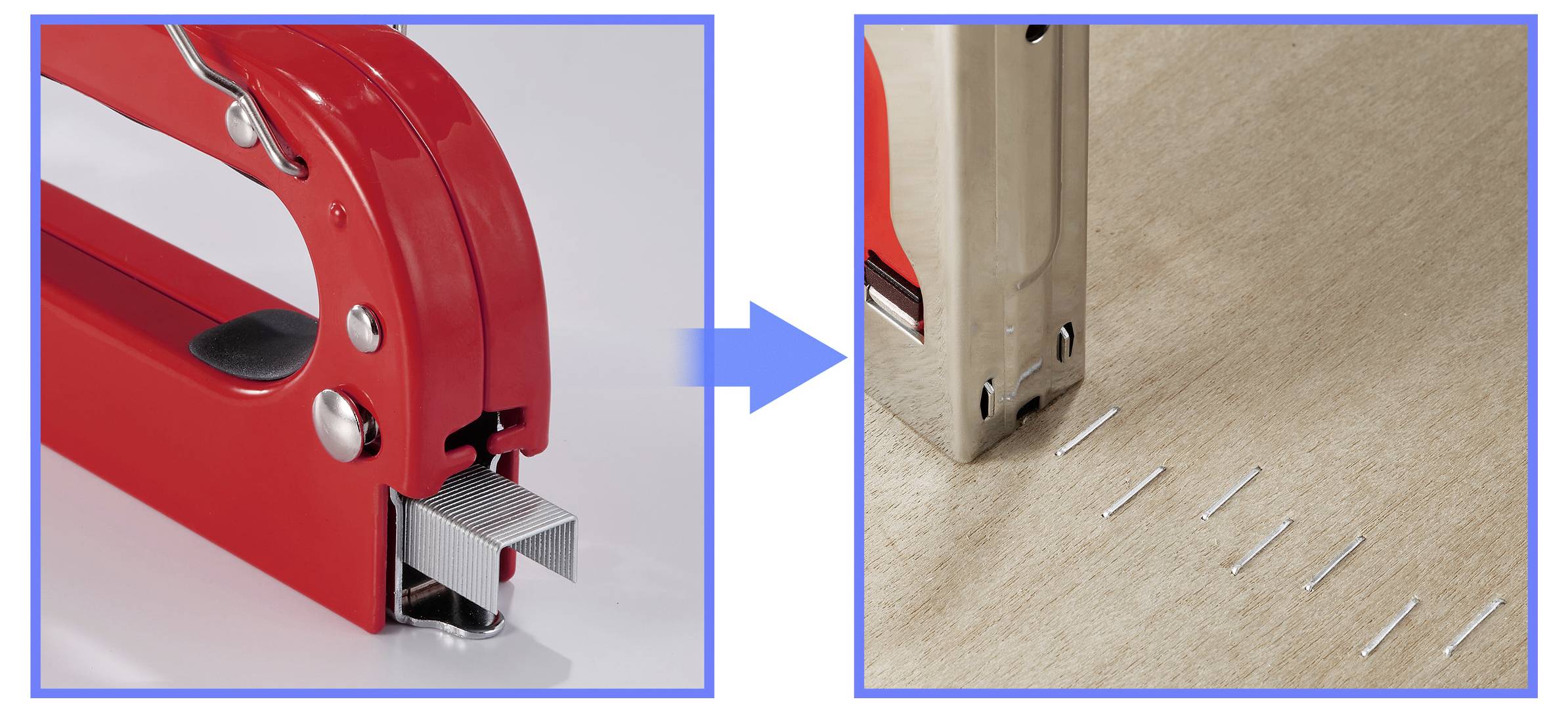 „Illustration eines roten Hefters auf der linken Seite und Heftklammern in Holz auf der rechten Seite, verbunden durch einen blauen Pfeil, der die Verwendungsabfolge anzeigt.