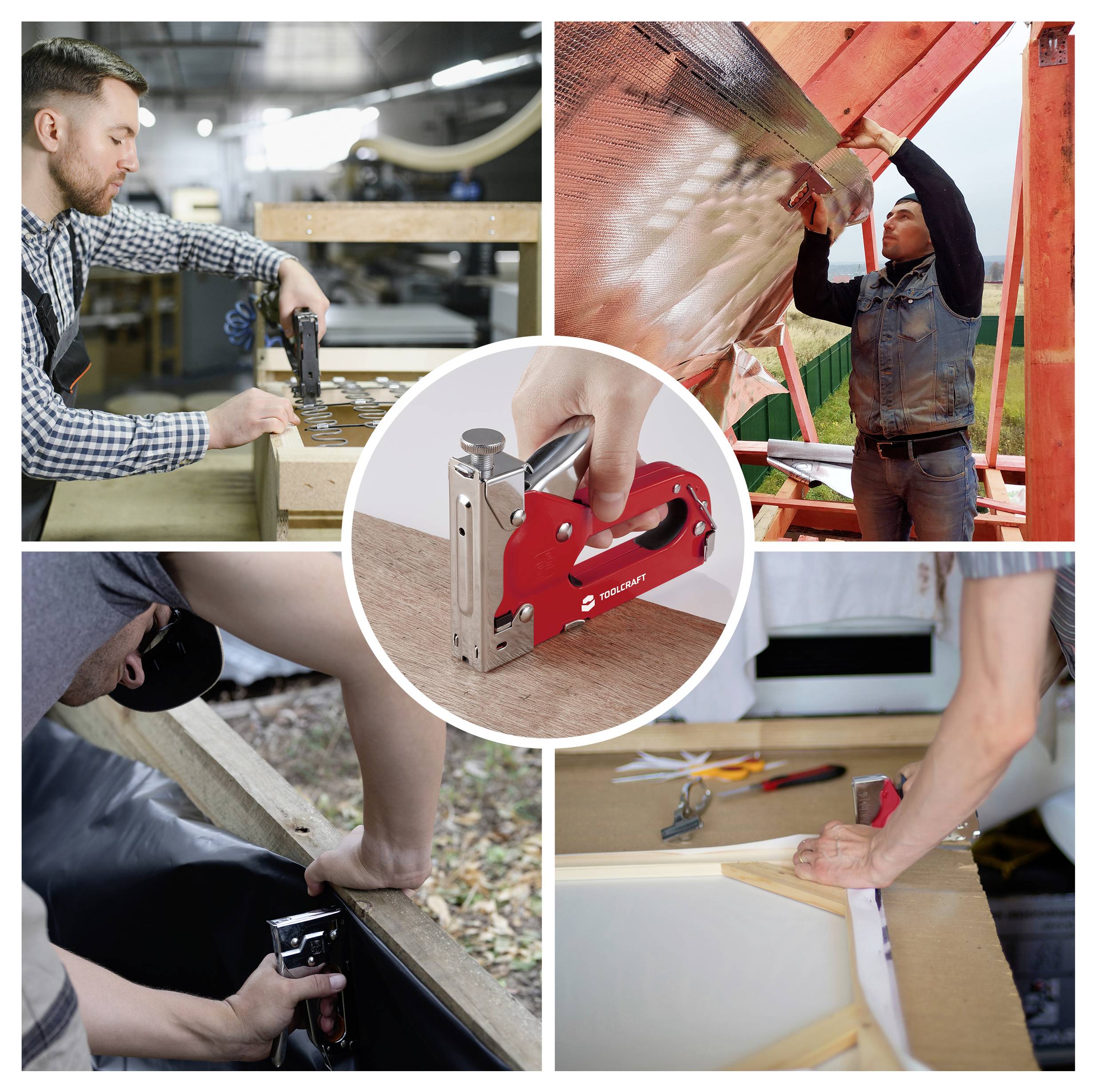 Collage aus vier Bildern, die Menschen zeigen, die eine rote Everlast-Heftklammermaschine in verschiedenen Bau- und Bastelszenarien verwenden, und ihre Vielseitigkeit hervorheben.