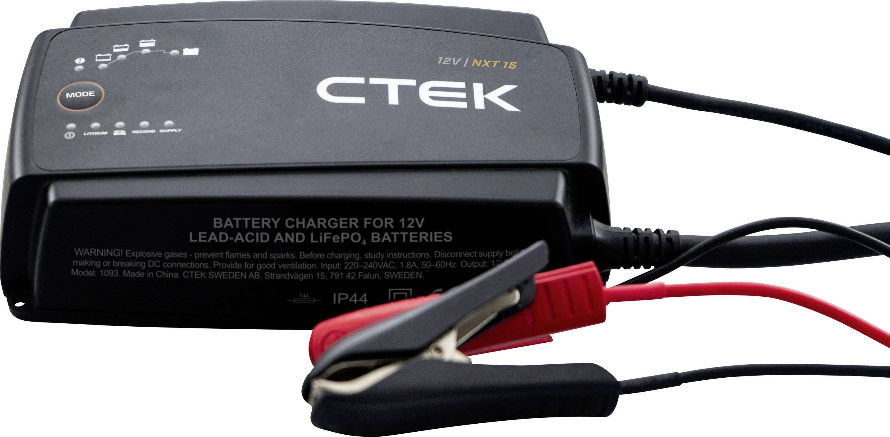 Ladegerät für 12V Blei-Säure- und LiFePO₄-Batterien mit angeschlossenen Klemmen, das einen Moduswahl- und Ladeanzeigeschirm besitzt.