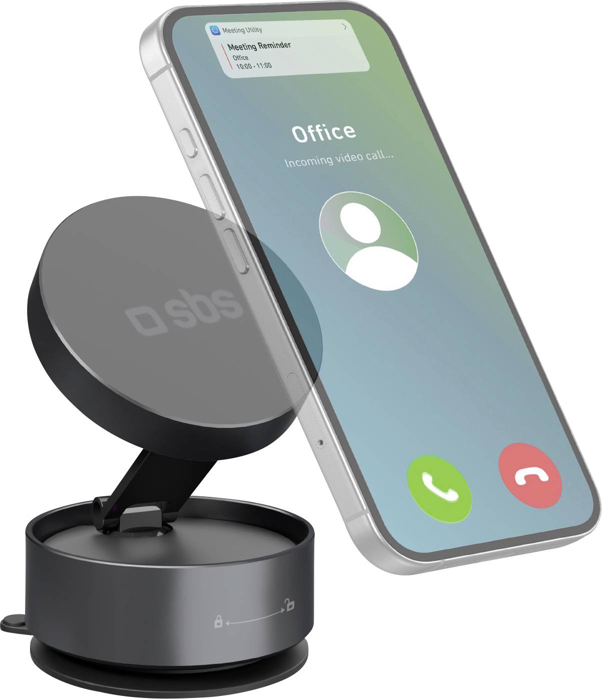 Ein auf einer Armaturenbrett-Halterung montiertes Smartphone zeigt einen eingehenden Videoanruf von „Büro