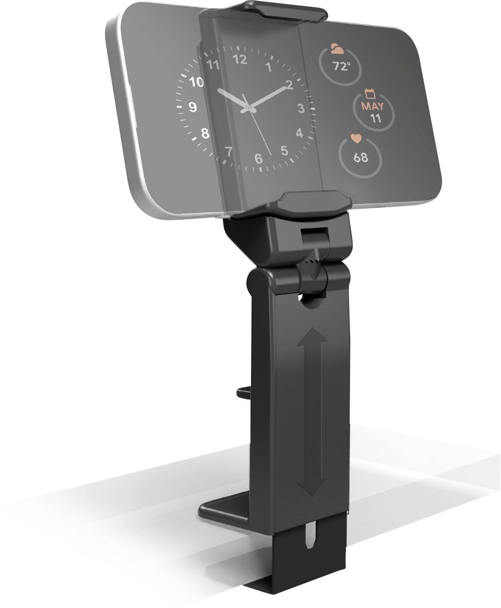 „Schwarzer verstellbarer Telefonhalter mit einem Smartphone, das Uhr- und Wetter-Widgets anzeigt.