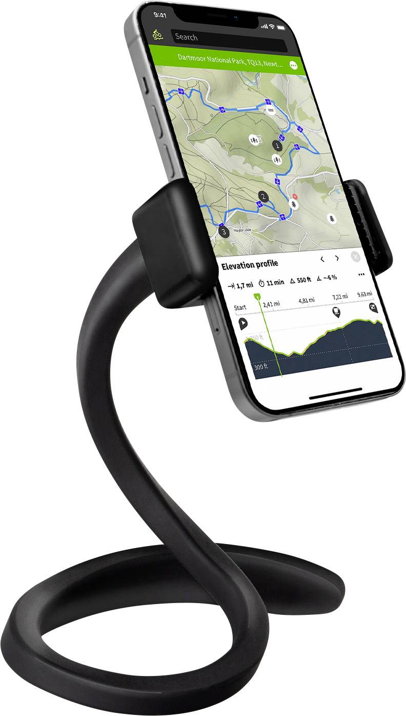 Ein Smartphone zeigt eine Karte mit einem Wanderweg und einem Höhenprofil an und ist auf einer flexiblen, schwarzen Halterung montiert.