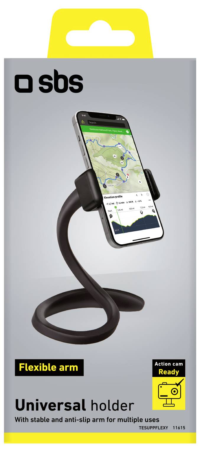 Universelle Halterung mit flexiblem Arm für stabile, rutschfeste Nutzung. Die Verpackung zeigt ein Telefon in der Halterung mit Karten-App. Für mehrere Verwendungszwecke konzipiert.