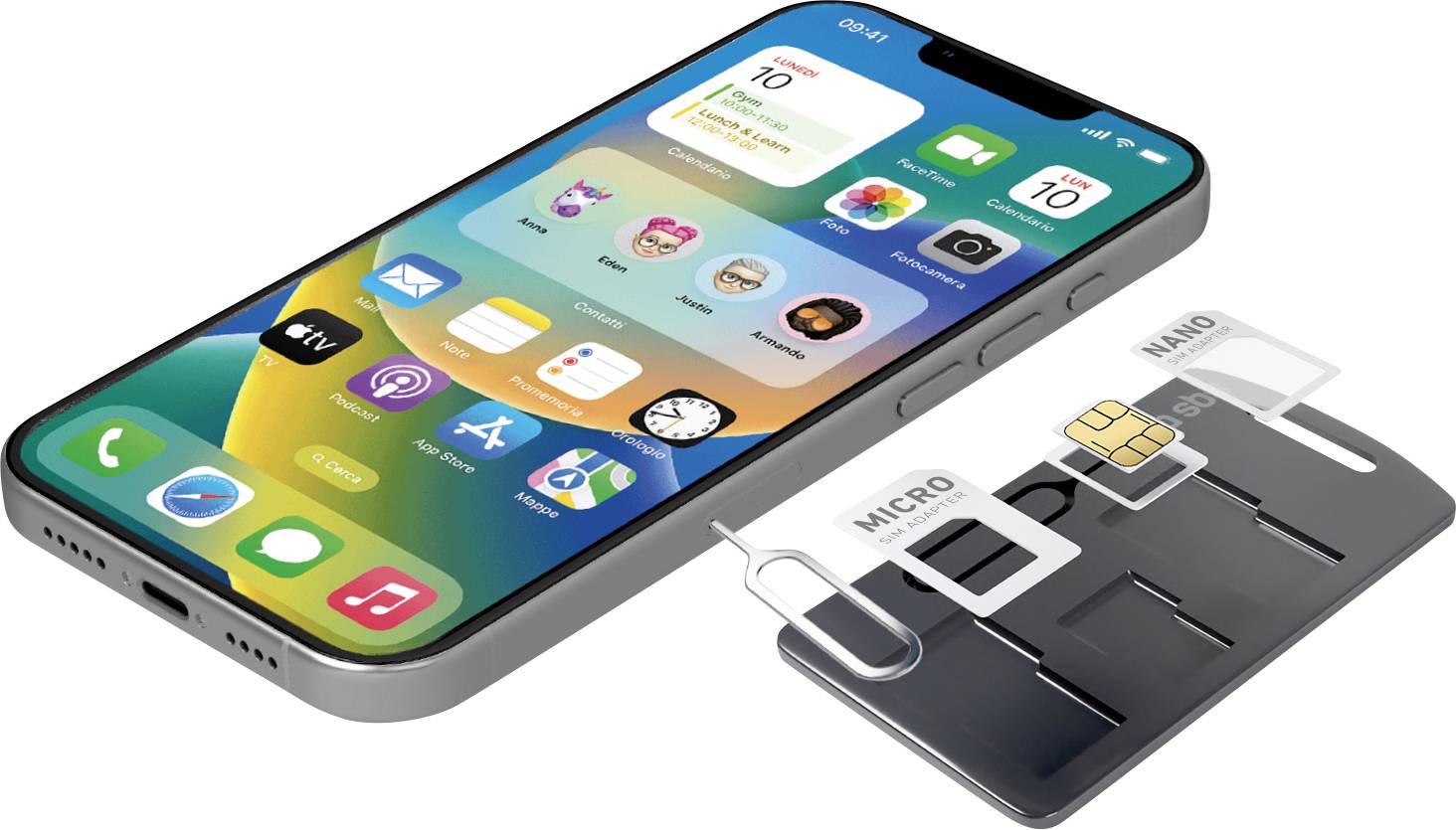 Ein Smartphone mit farbenfrohen Apps neben einem SIM-Kartenadapter-Set, einschließlich Micro- und Nano-SIM-Größen und einem SIM-Auswerfer-Werkzeug.