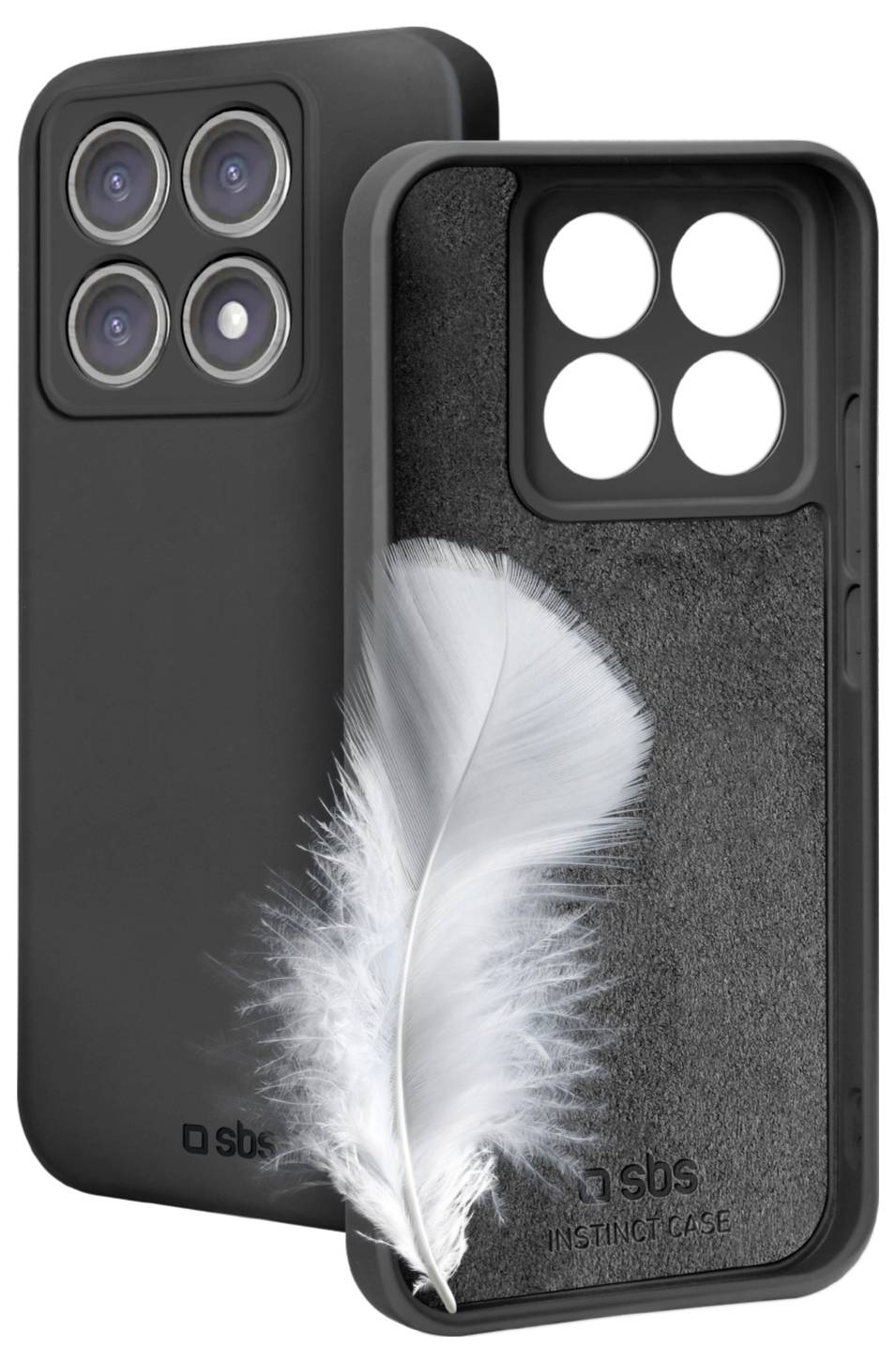 'Instinct Case' Smartphone-Schutzhülle von SBS mit Leichtigkeit, symbolisiert durch eine weiße Feder, vierfachen Kameraausschnitten und schwarzer Farbe.