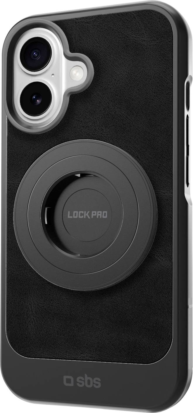Ein Smartphone mit einer schwarzen Schutzhülle mit einem kreisförmigen magnetischen Griff in der Mitte, gekennzeichnet mit 'LOCK PRO', angewinkelt, um die Rückseite zu zeigen.